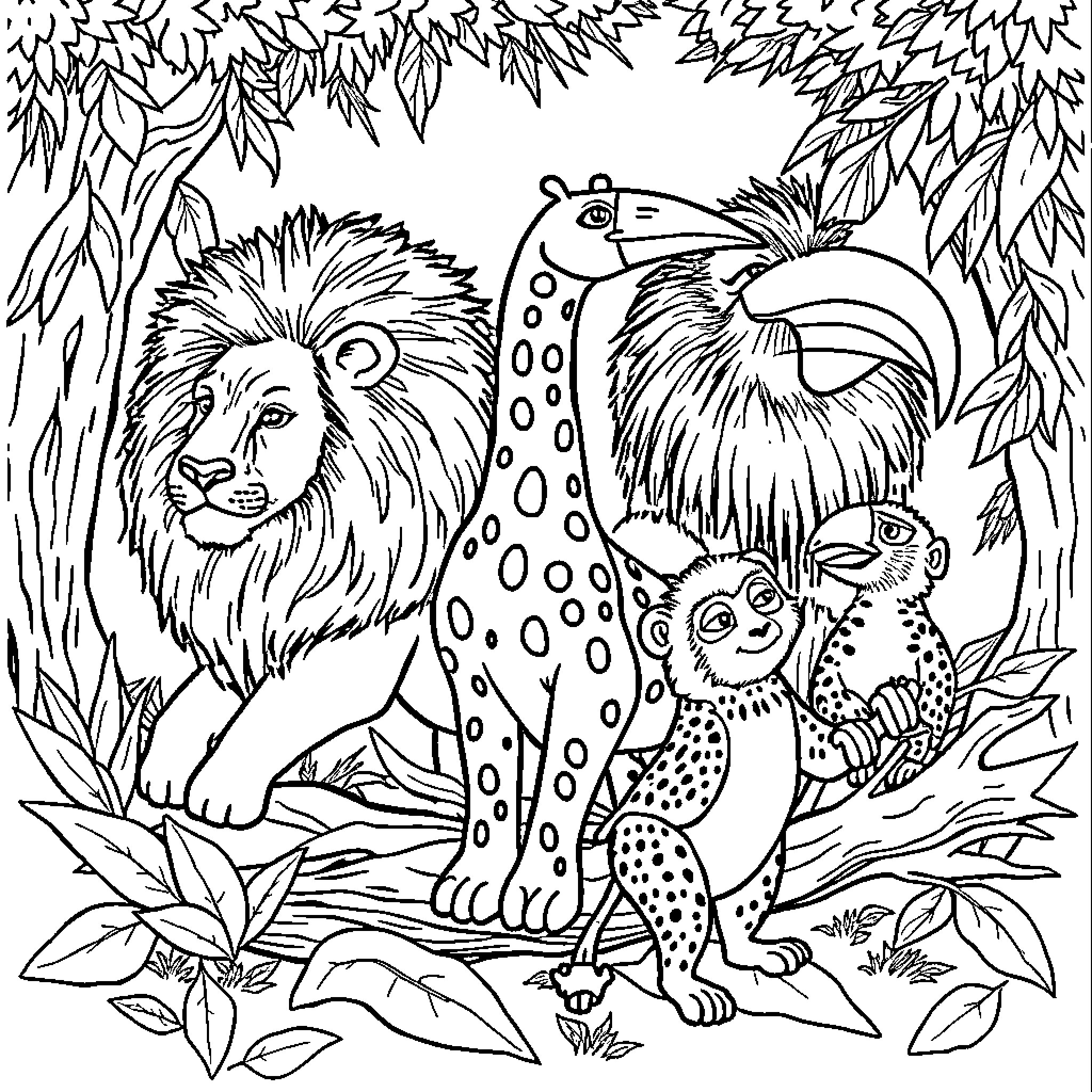 Zoo Animal Friends Exploring the Jungle Coloring Page (free black-and-white line drawing printable PDF for all, from beginners to advanced learners, including children, teens, adults, and seniors)