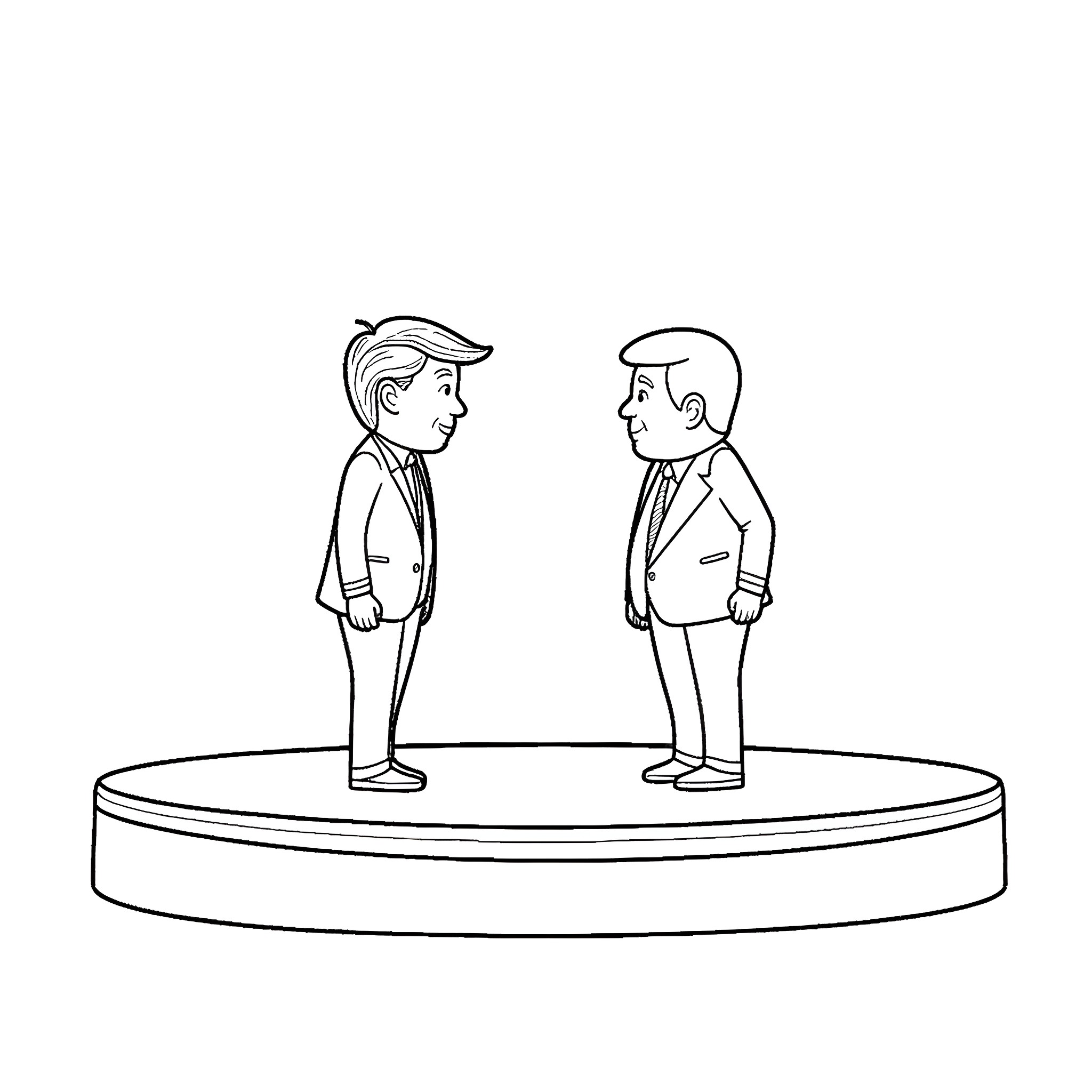Trump and opponent in heated discussion Coloring Page (free black-and-white line drawing printable PDF for all, from beginners to advanced learners, including children, teens, adults, and seniors)