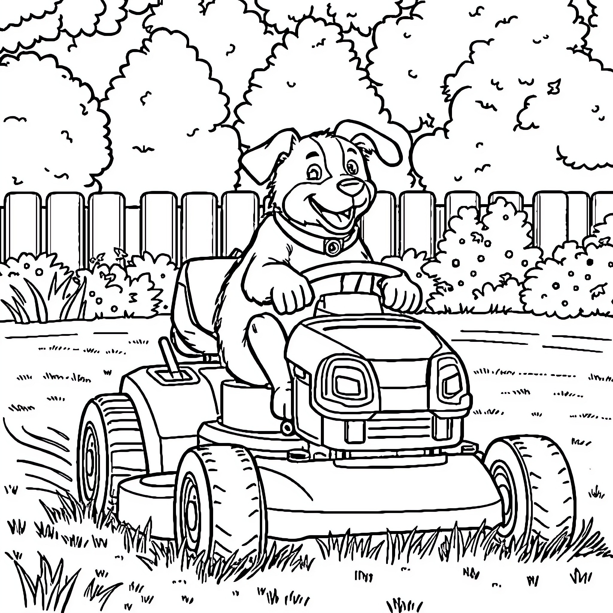 Dog driving a lawn mower happily in the backyard Coloring Page (free black-and-white line drawing printable PDF for all, from beginners to advanced learners, including children, teens, adults, and seniors)