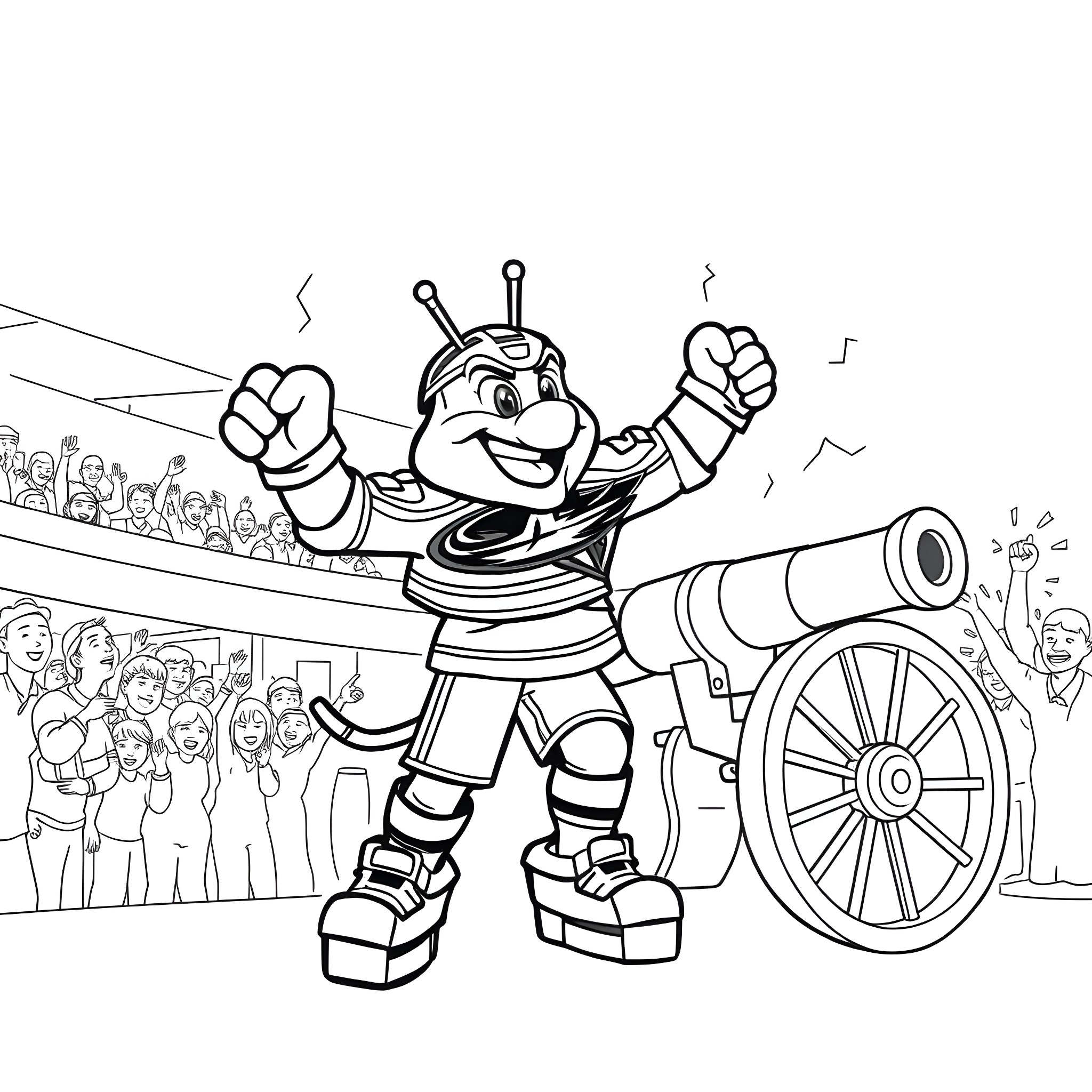 Stinger the Robotic Mascot Cheers Energetically on Stage Coloring Page (free black-and-white line drawing printable PDF for all, from beginners to advanced learners, including children, teens, adults, and seniors)