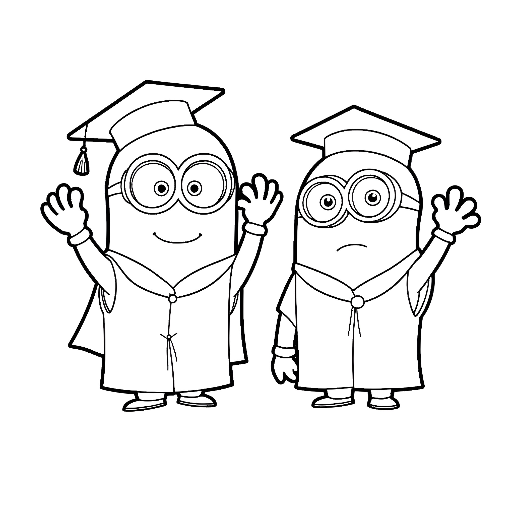 Minions in graduation gowns and caps Coloring Page (free black-and-white line drawing printable PDF for all, from beginners to advanced learners, including children, teens, adults, and seniors)