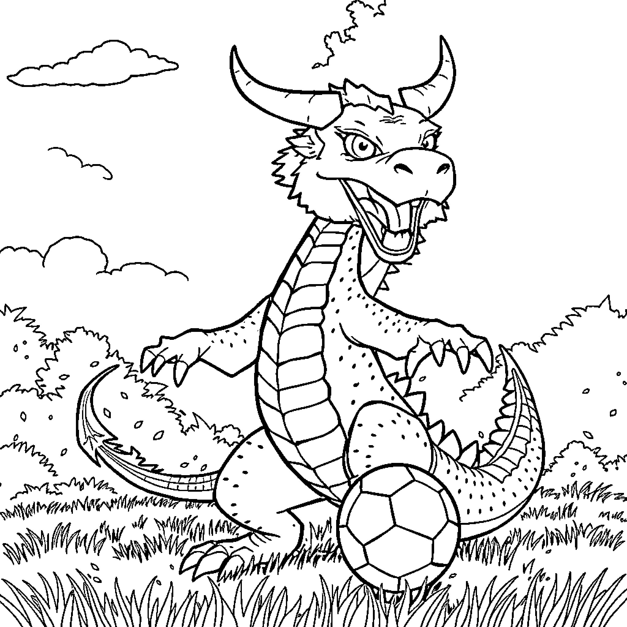 Dragon Playing Joyfully with Soccer Ball Coloring Page (free black-and-white line drawing printable PDF for all, from beginners to advanced learners, including children, teens, adults, and seniors)
