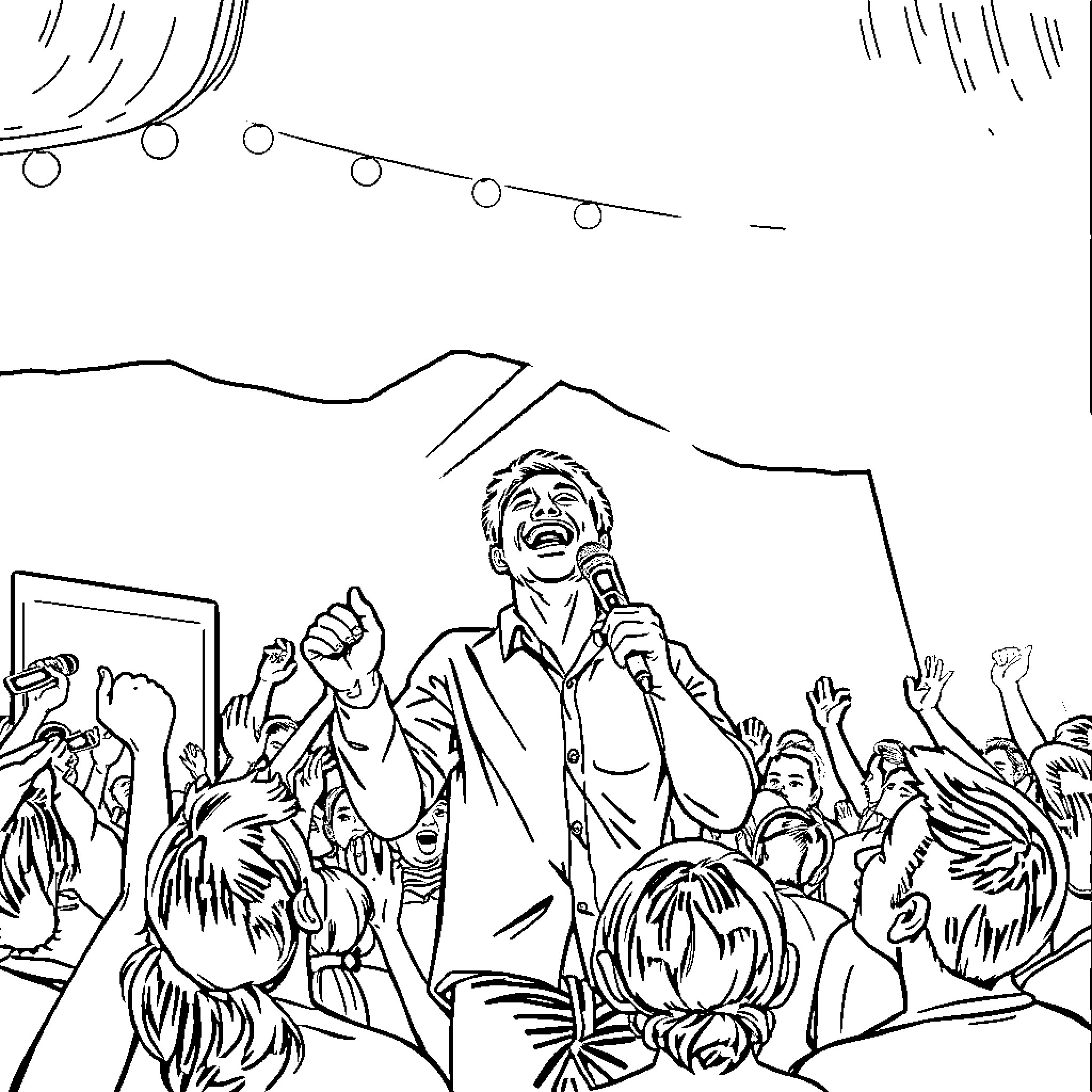 Huntrix Performer Energizes Crowd on Stage Coloring Page (free black-and-white line drawing printable PDF for all, from beginners to advanced learners, including children, teens, adults, and seniors)