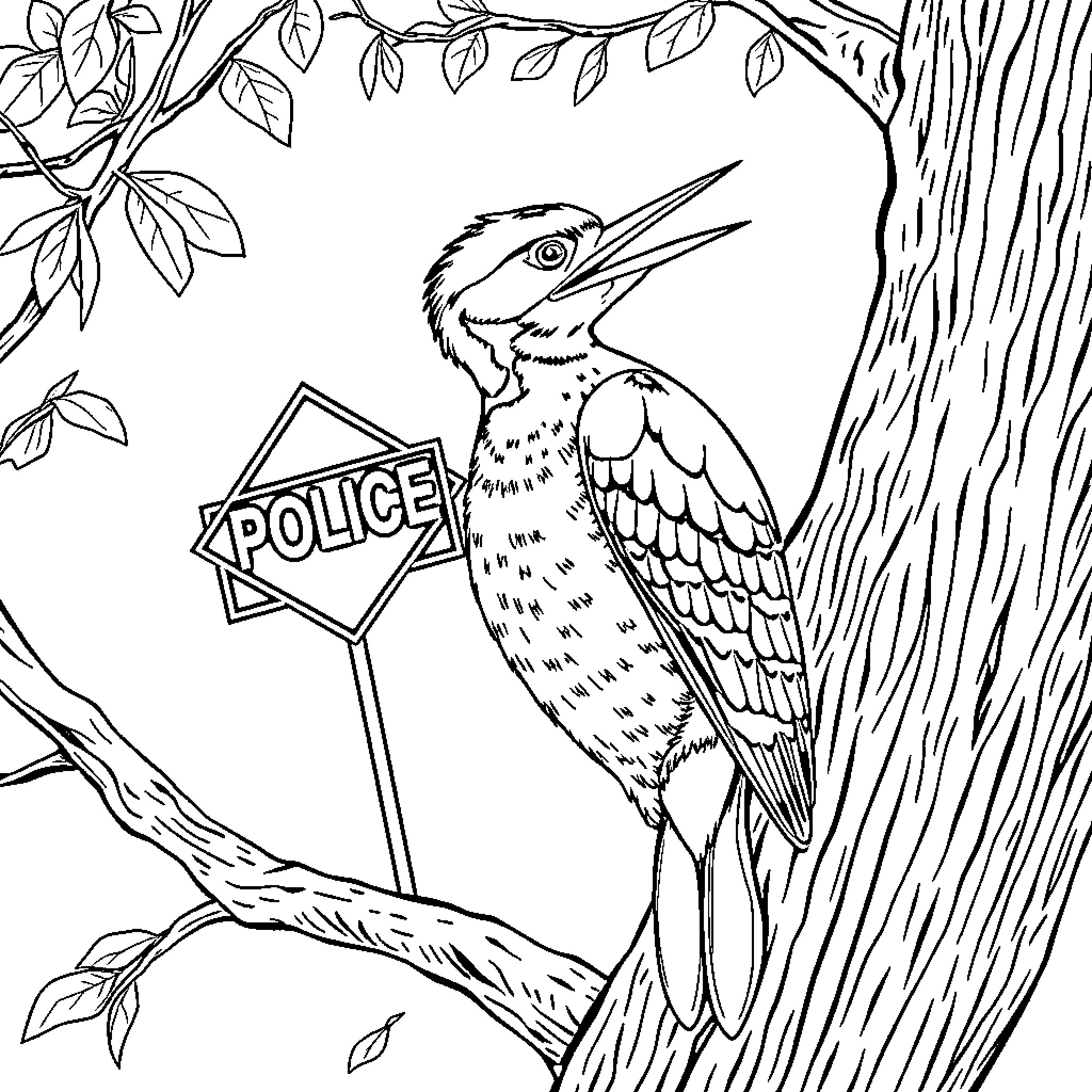 Woodpecker perched on branch with police sign Coloring Page (free black-and-white line drawing printable PDF for all, from beginners to advanced learners, including children, teens, adults, and seniors)