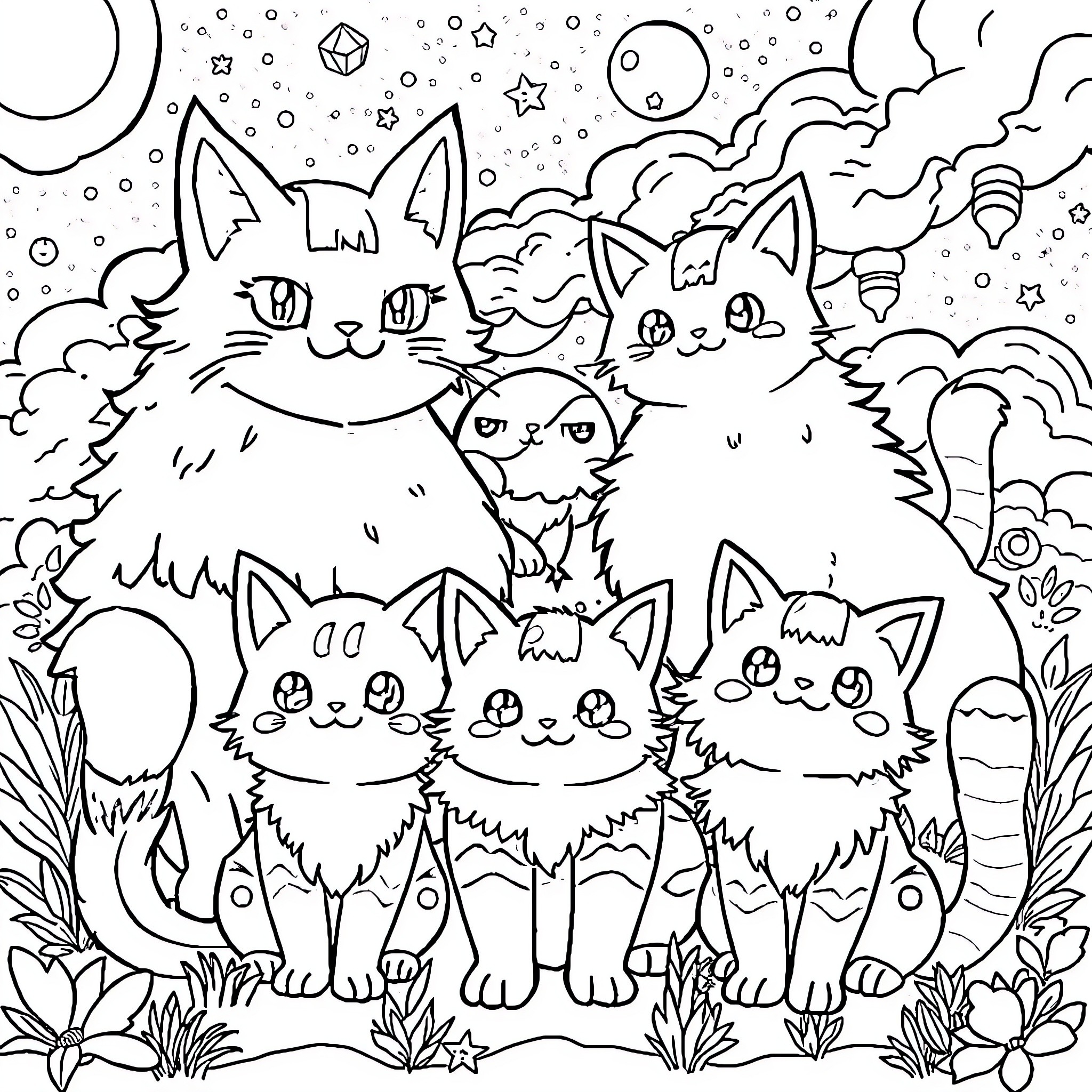 Cat Gathering under the Starry Sky Coloring Page (free black-and-white line drawing printable PDF for all, from beginners to advanced learners, including children, teens, adults, and seniors)