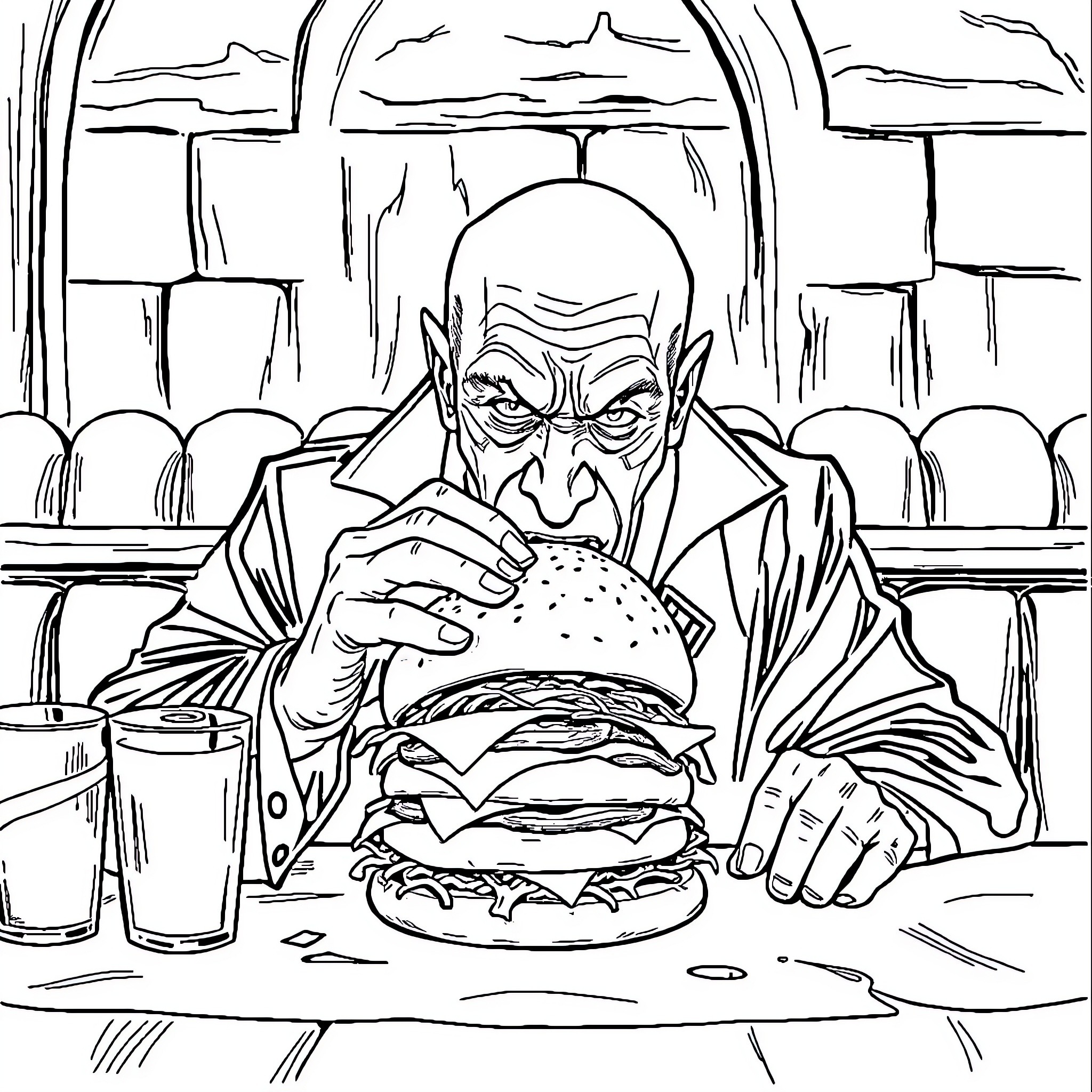 Voldemort enjoying a tasty burger in a diner Coloring Page (free black-and-white line drawing printable PDF for all, from beginners to advanced learners, including children, teens, adults, and seniors)