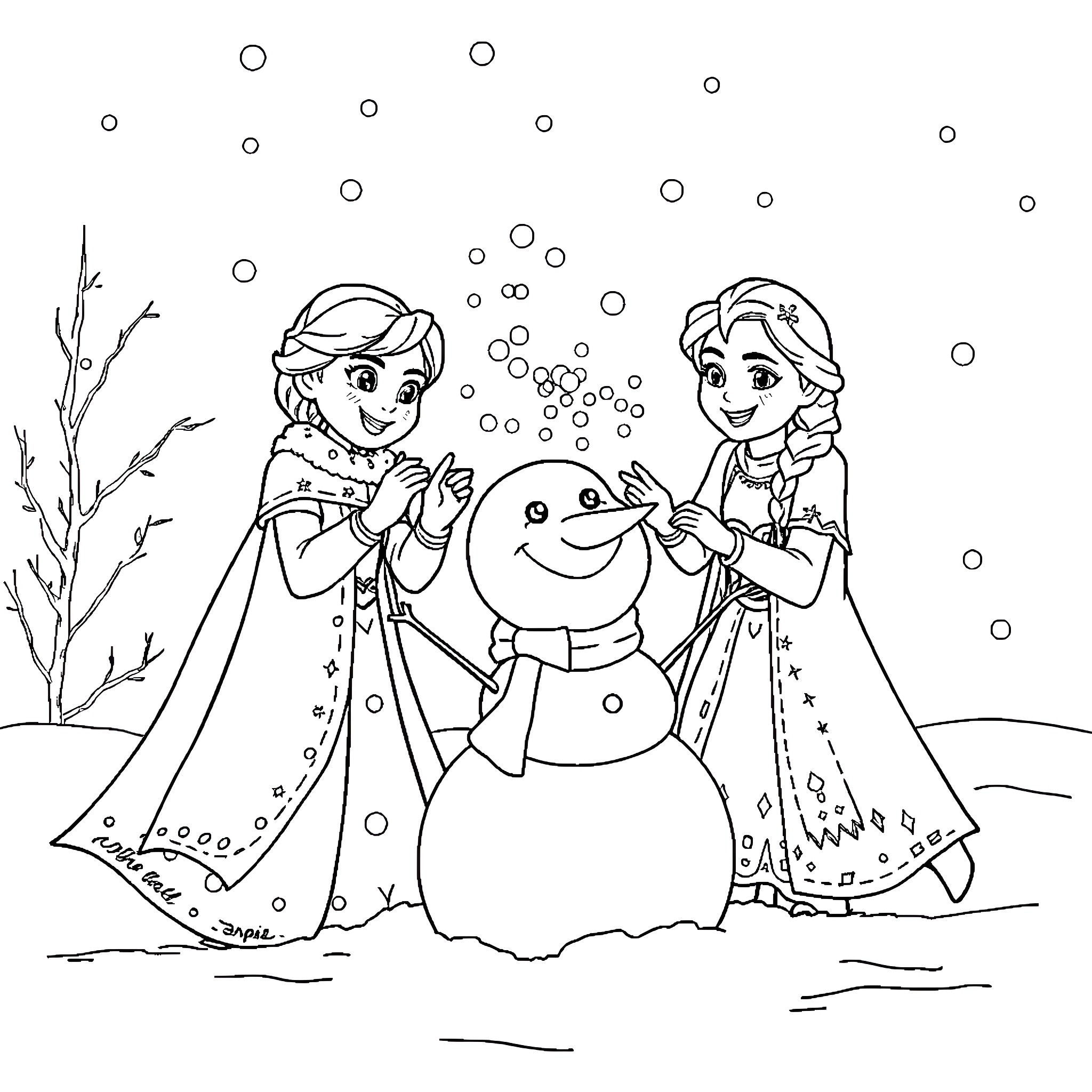 Elsa and Anna building a snowman in the winter wonderland Coloring Page (free black-and-white line drawing printable PDF for all, from beginners to advanced learners, including children, teens, adults, and seniors)