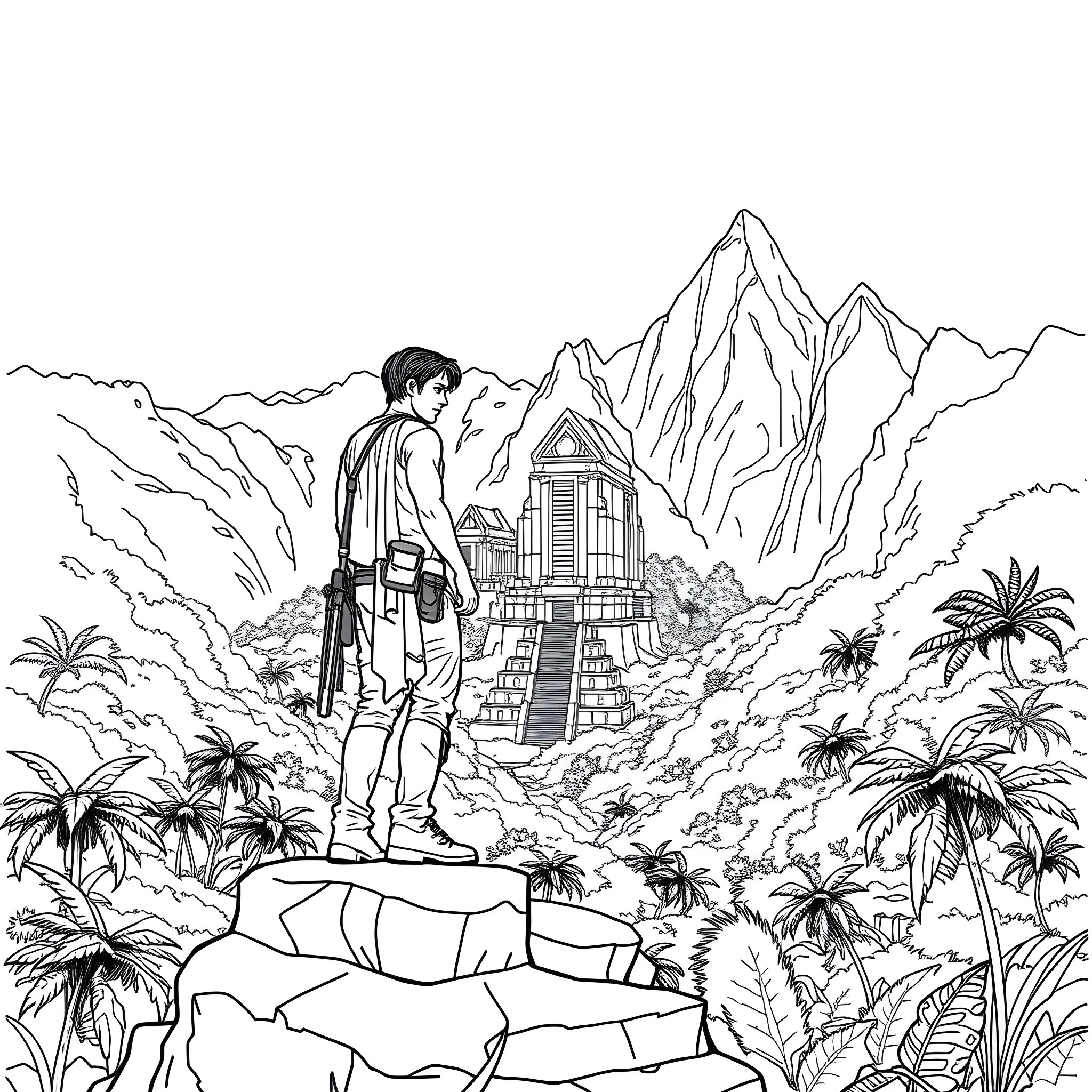Nathan Drake exploring ancient ruins in the jungle Coloring Page (free black-and-white line drawing printable PDF for all, from beginners to advanced learners, including children, teens, adults, and seniors)