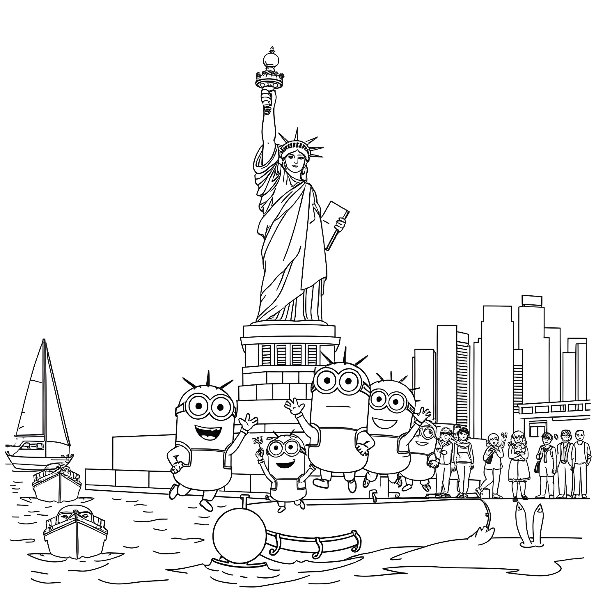 Minions exploring the Statue of Liberty and New York City Coloring Page (free black-and-white line drawing printable PDF for all, from beginners to advanced learners, including children, teens, adults, and seniors)