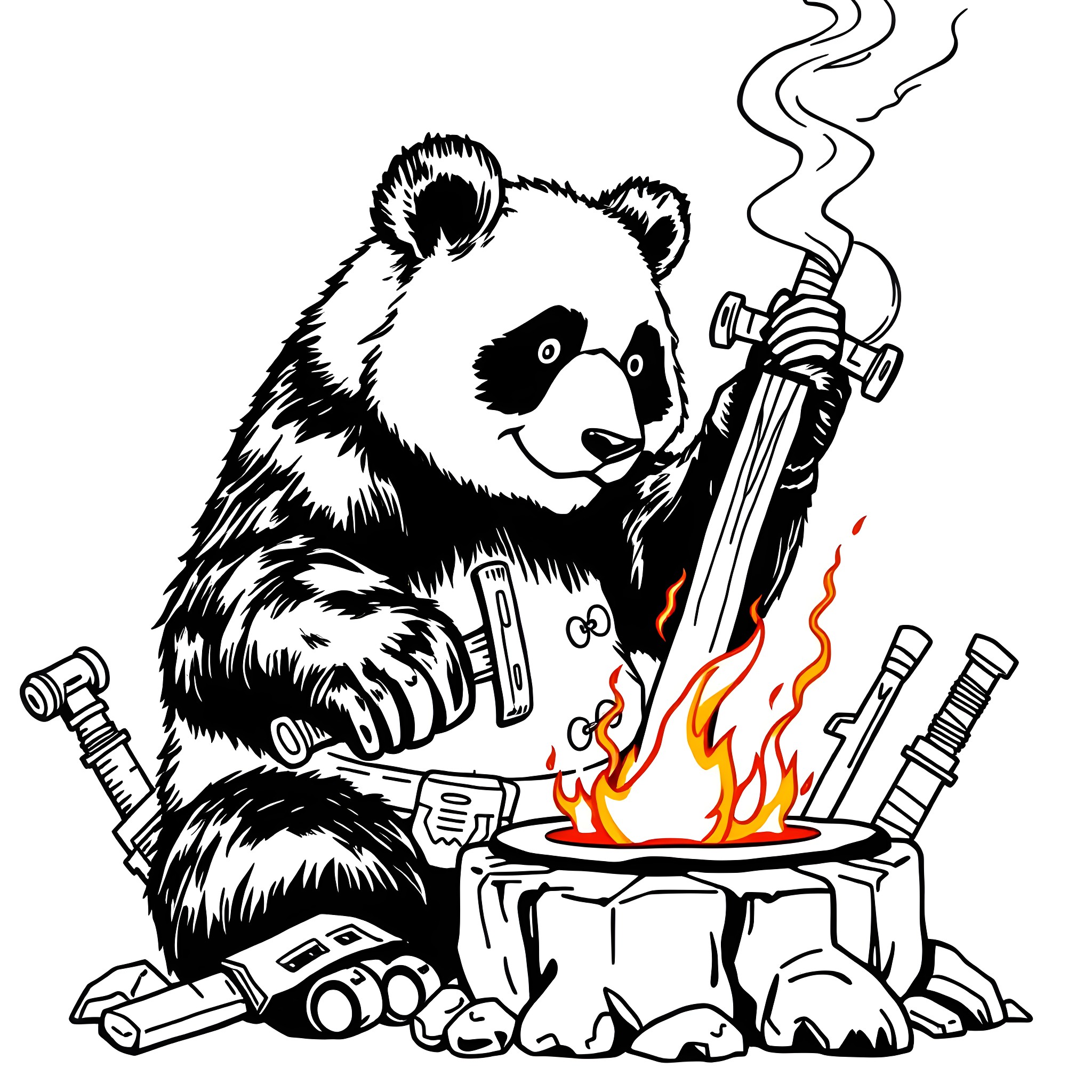 Panda cooking with fire and tools Coloring Page (free black-and-white line drawing printable PDF for all, from beginners to advanced learners, including children, teens, adults, and seniors)