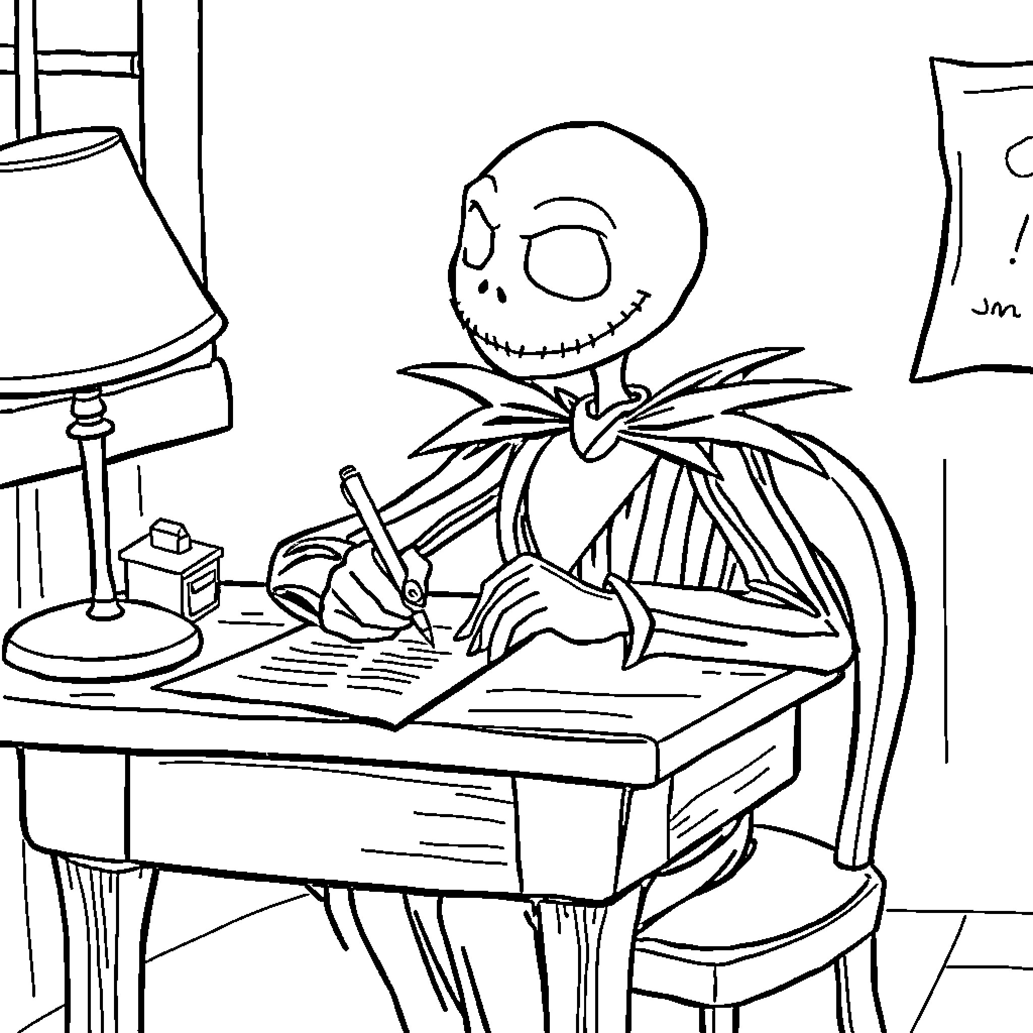 Jack Skellington writing at his desk Coloring Page (free black-and-white line drawing printable PDF for all, from beginners to advanced learners, including children, teens, adults, and seniors)