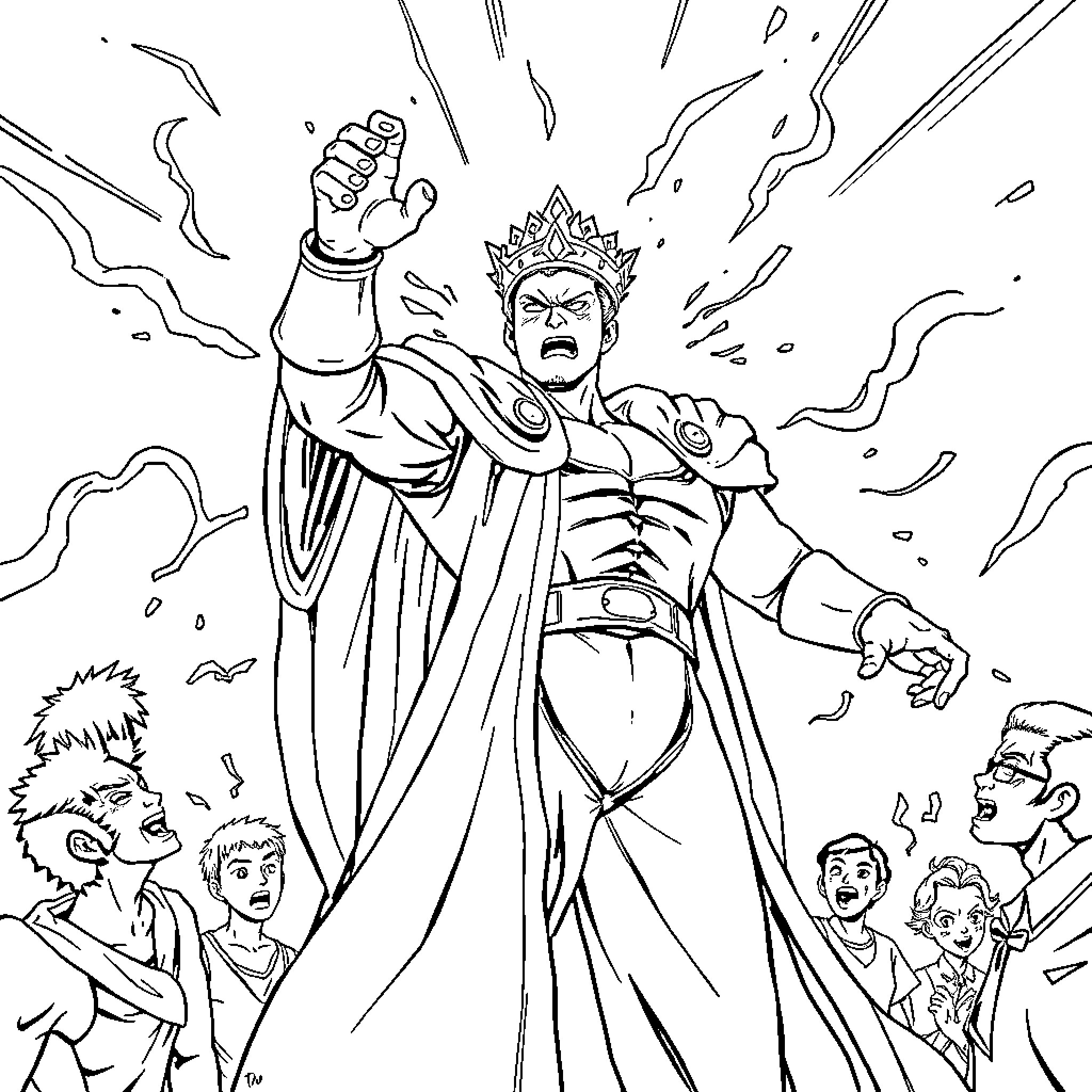 King displaying power and authority over his subjects Coloring Page (free black-and-white line drawing printable PDF for all, from beginners to advanced learners, including children, teens, adults, and seniors)
