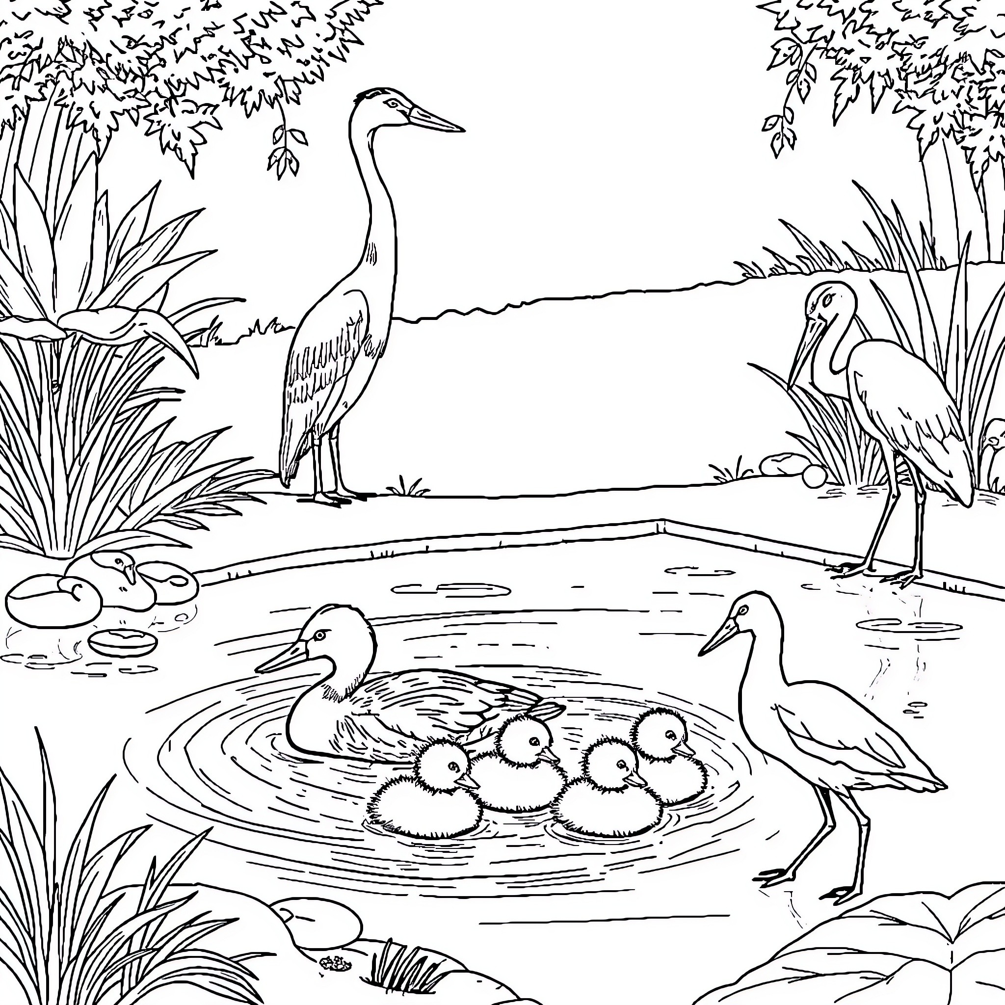 Duck Family in Peaceful Pond Scene Coloring Page (free black-and-white line drawing printable PDF for all, from beginners to advanced learners, including children, teens, adults, and seniors)