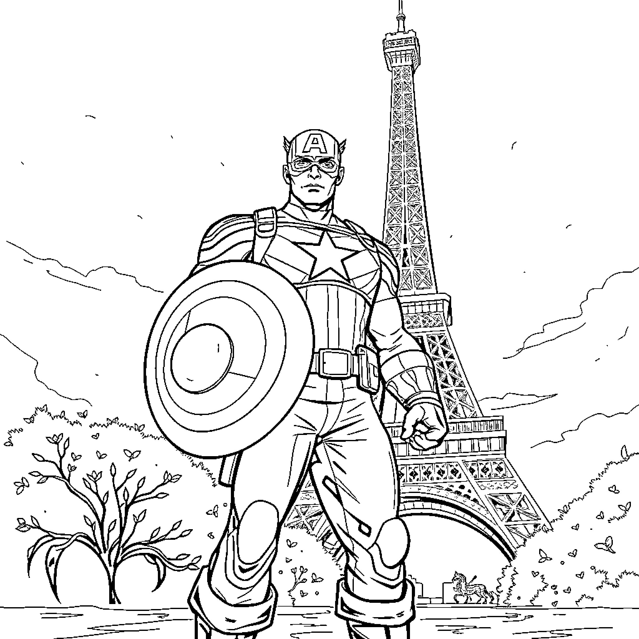 Captain America in a heroic pose near the Eiffel Tower Coloring Page (free black-and-white line drawing printable PDF for all, from beginners to advanced learners, including children, teens, adults, and seniors)