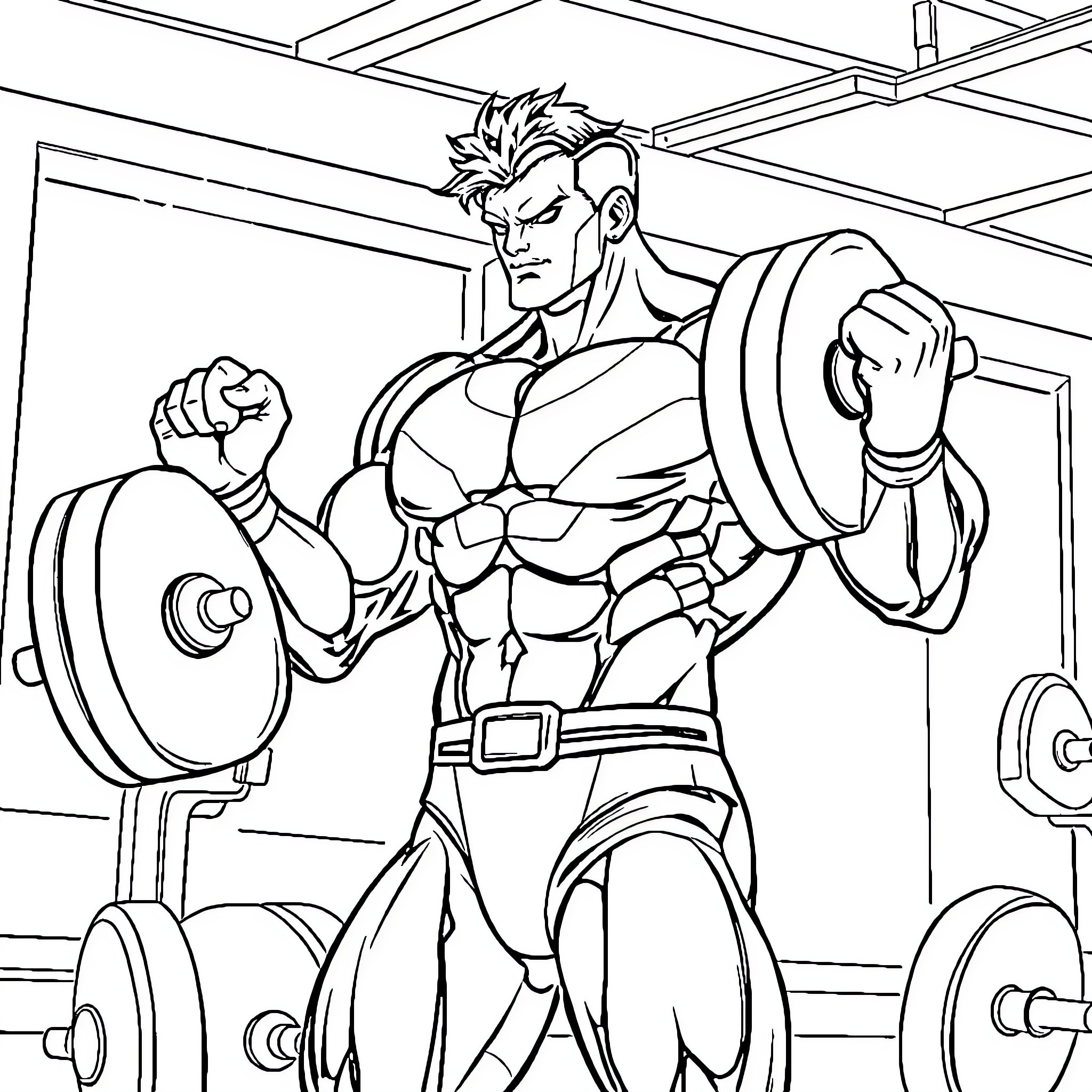 Omni Man Lifting Heavy Weights at the Gym Coloring Page (free black-and-white line drawing printable PDF for all, from beginners to advanced learners, including children, teens, adults, and seniors)