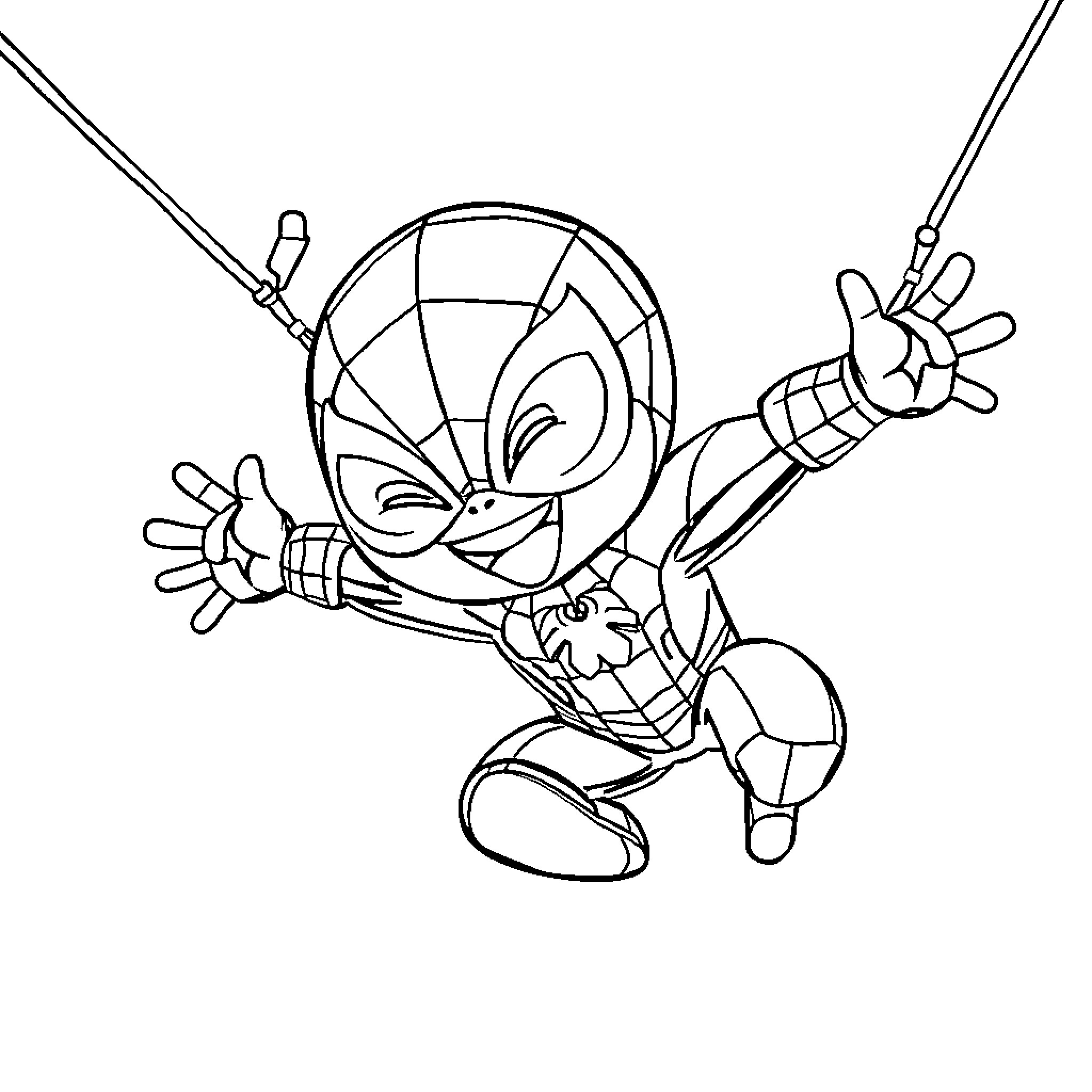 Baby Spider Swinging Happily in Action Coloring Page (free black-and-white line drawing printable PDF for all, from beginners to advanced learners, including children, teens, adults, and seniors)