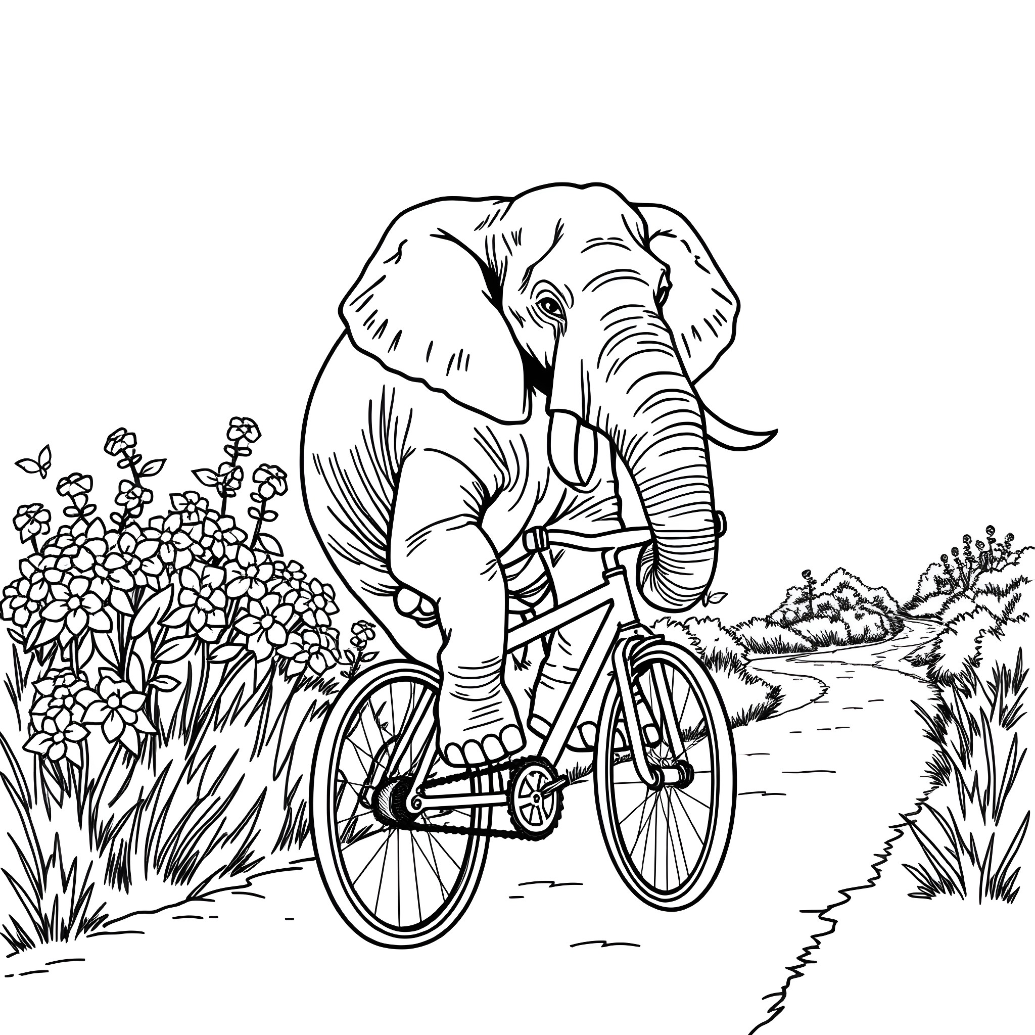 Elephant riding a bicycle through a floral landscape Coloring Page (free black-and-white line drawing printable PDF for all, from beginners to advanced learners, including children, teens, adults, and seniors)