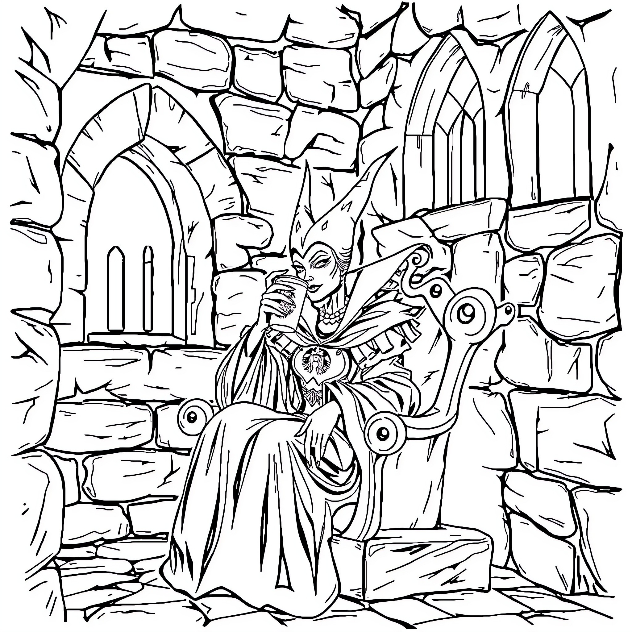 Queen commanding powerful magical creatures in a castle Coloring Page (free black-and-white line drawing printable PDF for all, from beginners to advanced learners, including children, teens, adults, and seniors)