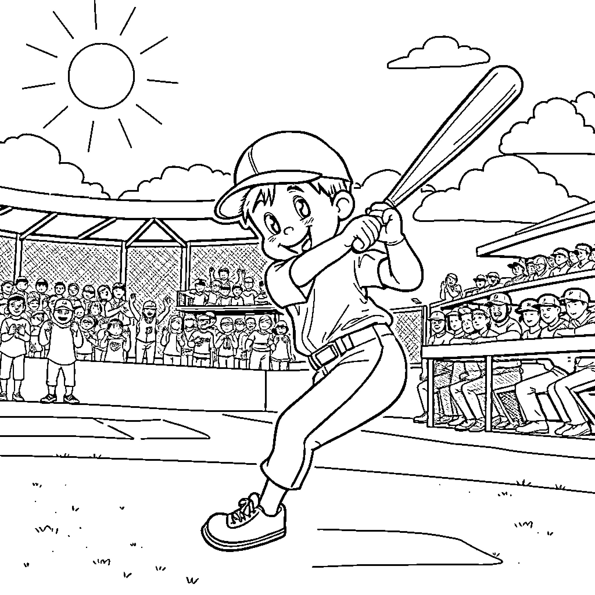 Little League Player Batting at the Game Coloring Page (free black-and-white line drawing printable PDF for all, from beginners to advanced learners, including children, teens, adults, and seniors)
