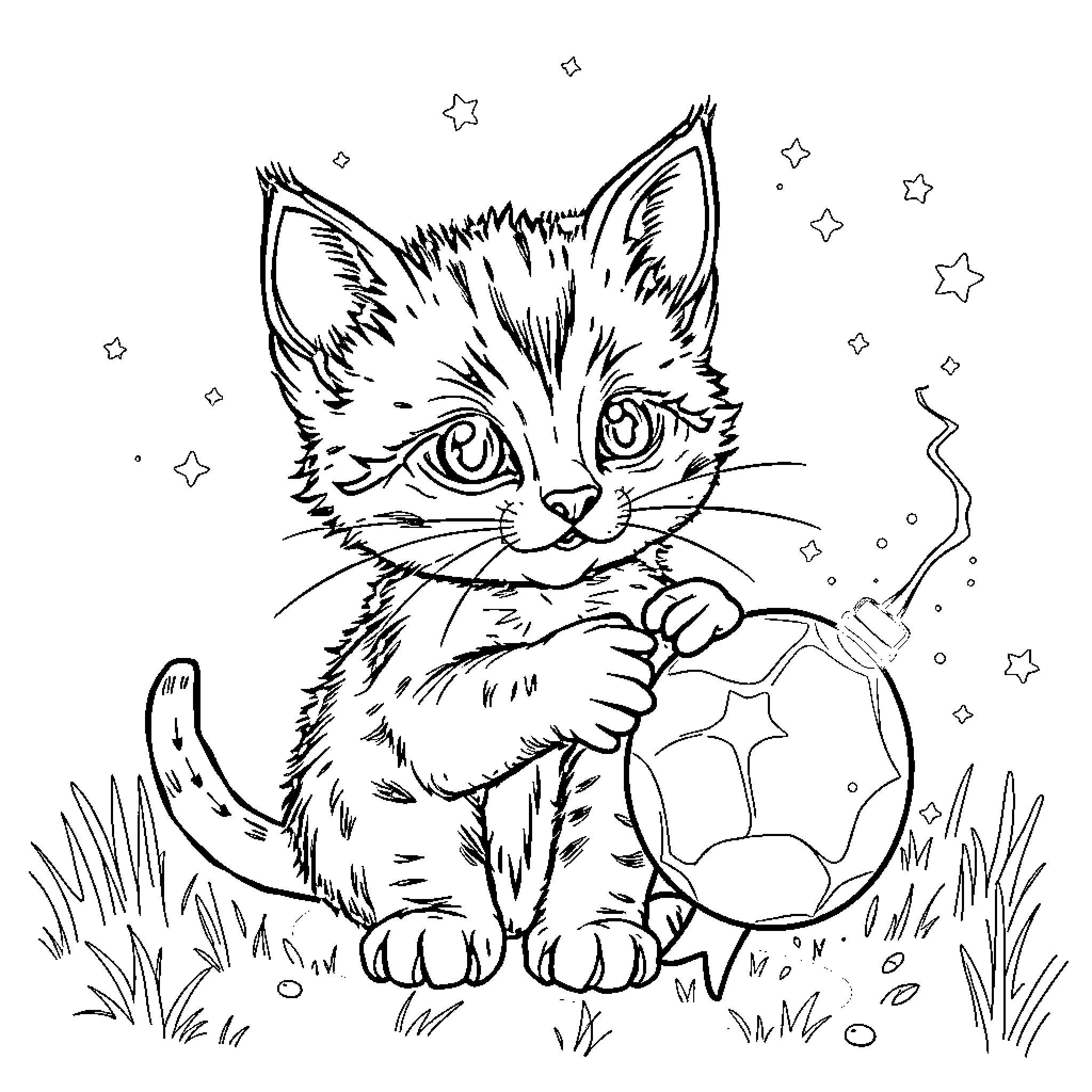Kitten playing with a soccer ball in the grass Coloring Page (free black-and-white line drawing printable PDF for all, from beginners to advanced learners, including children, teens, adults, and seniors)