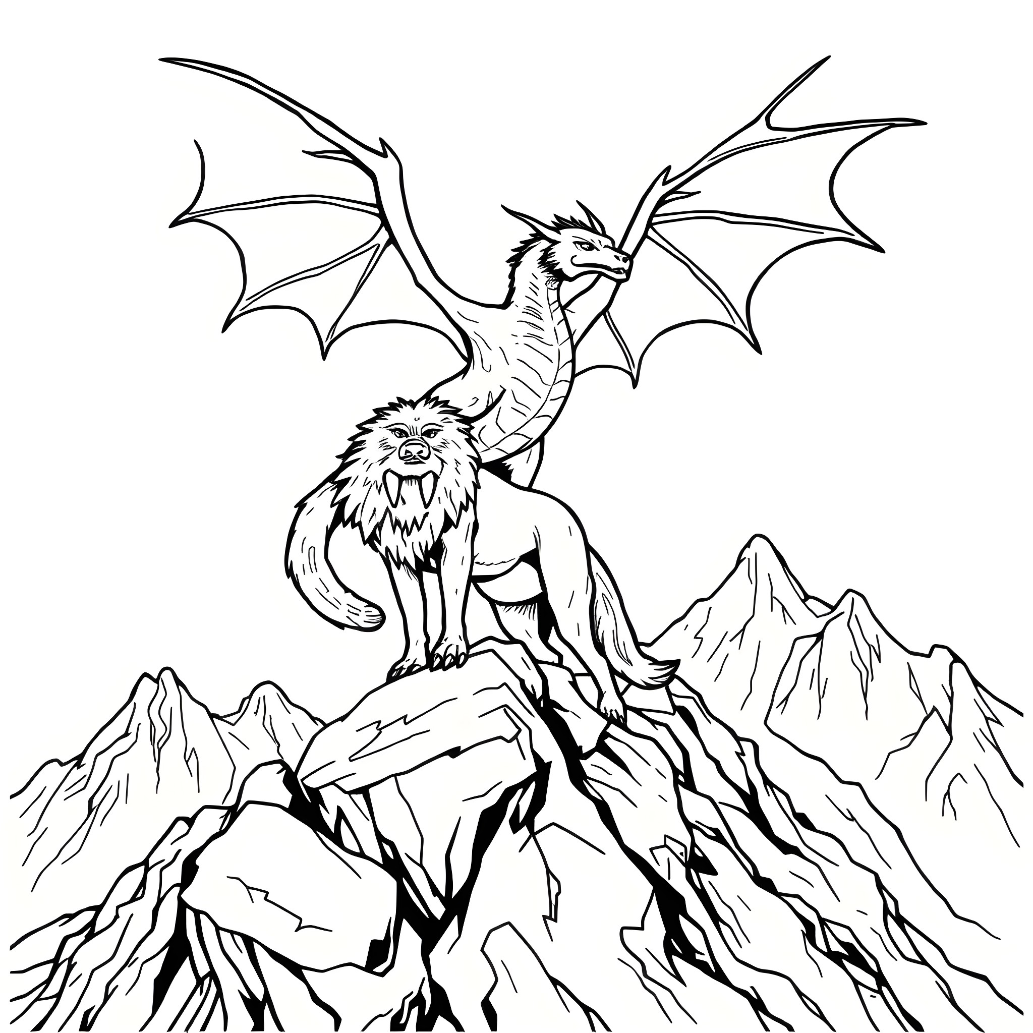 Dragon perched atop a rugged mountain landscape Coloring Page (free black-and-white line drawing printable PDF for all, from beginners to advanced learners, including children, teens, adults, and seniors)
