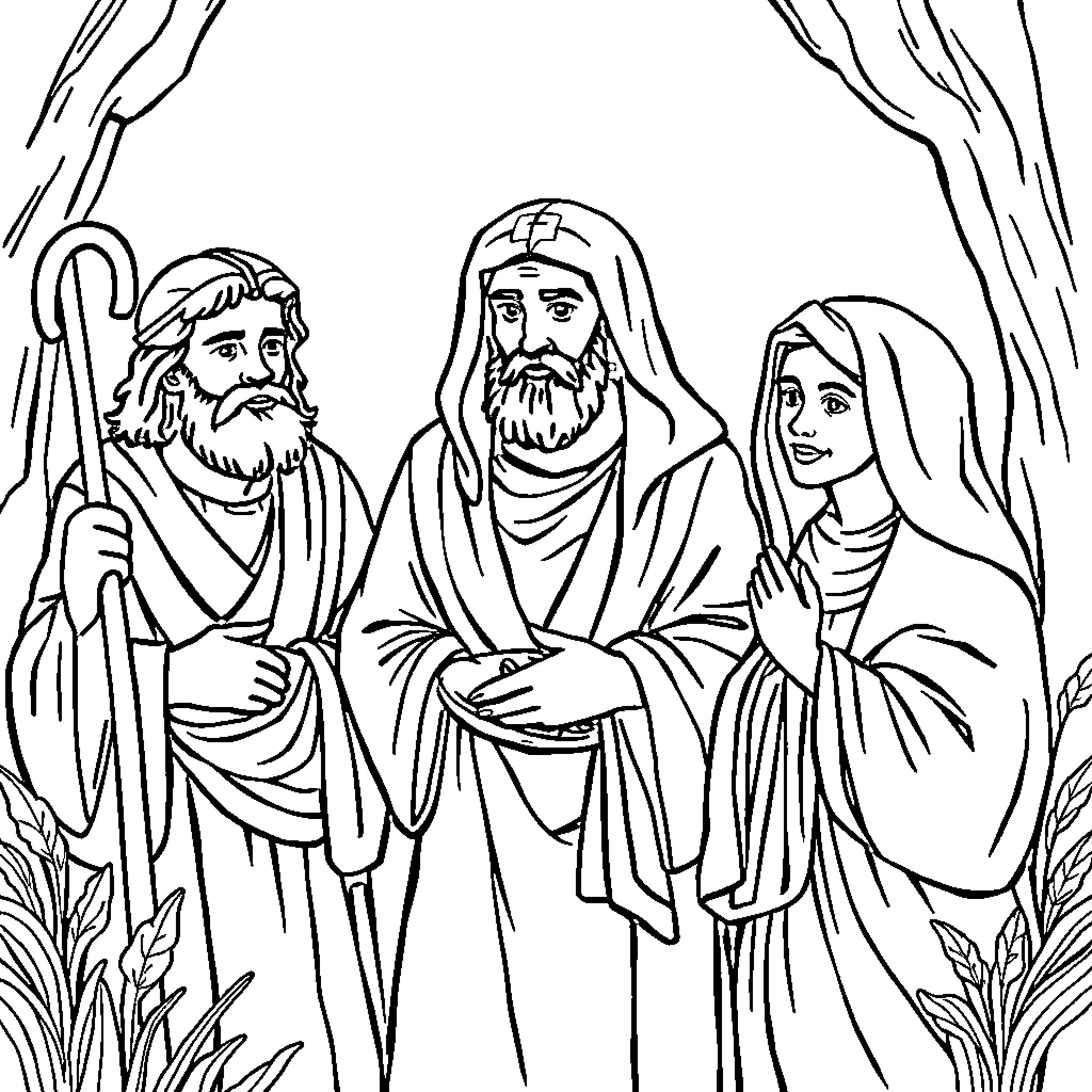 Bible Characters in Religious Gathering Coloring Page (free black-and-white line drawing printable PDF for all, from beginners to advanced learners, including children, teens, adults, and seniors)