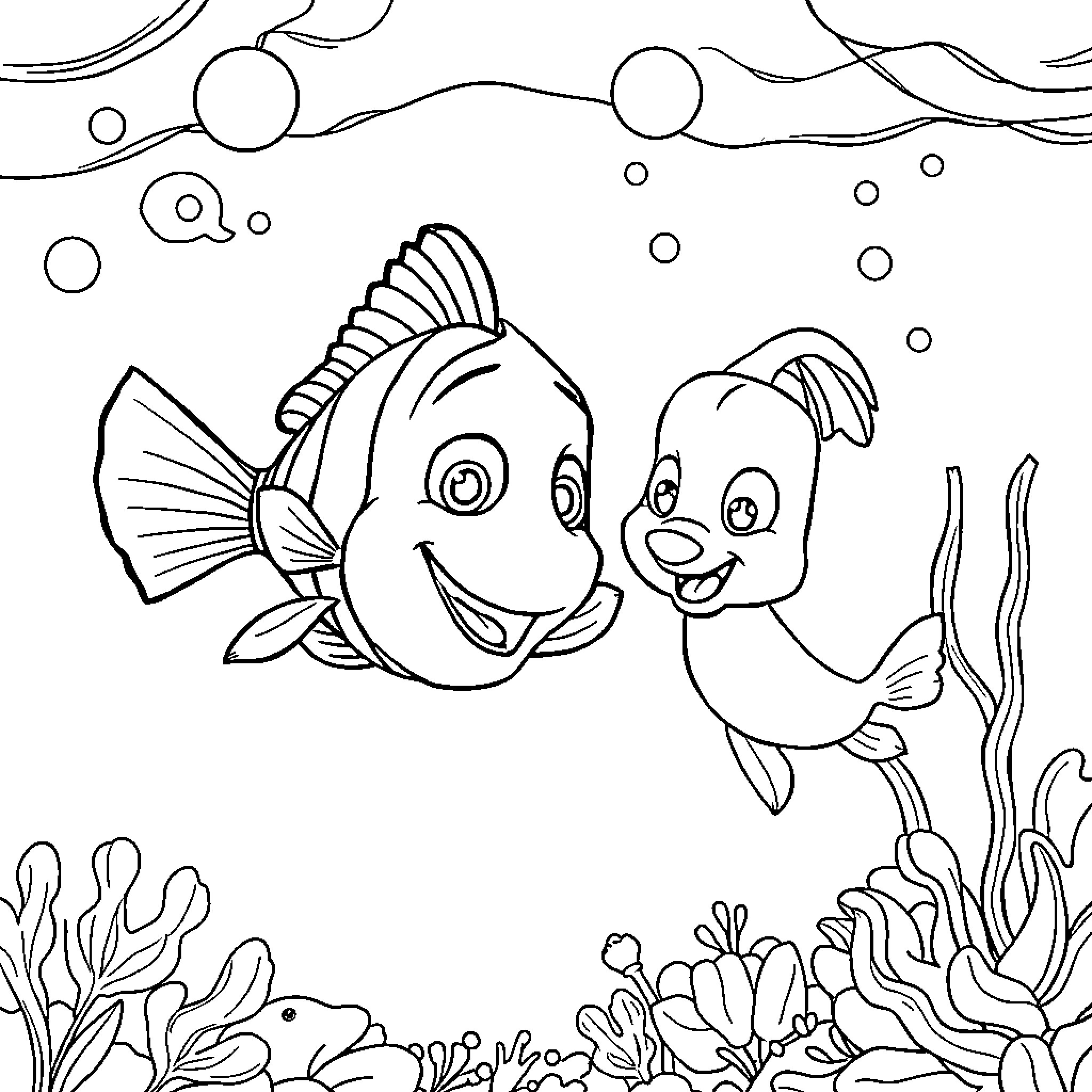 Nemo and friend explore underwater ocean scenery Coloring Page (free black-and-white line drawing printable PDF for all, from beginners to advanced learners, including children, teens, adults, and seniors)