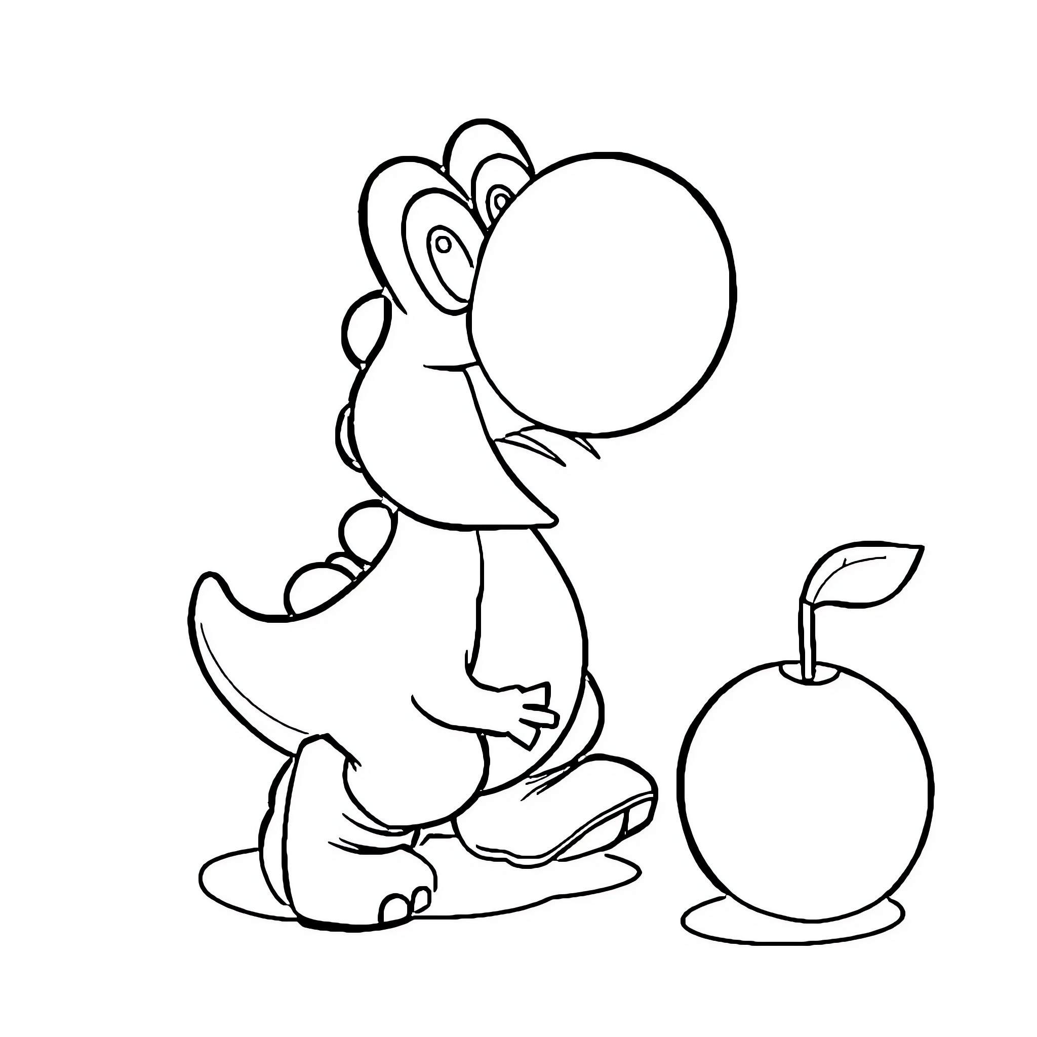 Yoshi eating an apple happily Coloring Page (free black-and-white line drawing printable PDF for all, from beginners to advanced learners, including children, teens, adults, and seniors)