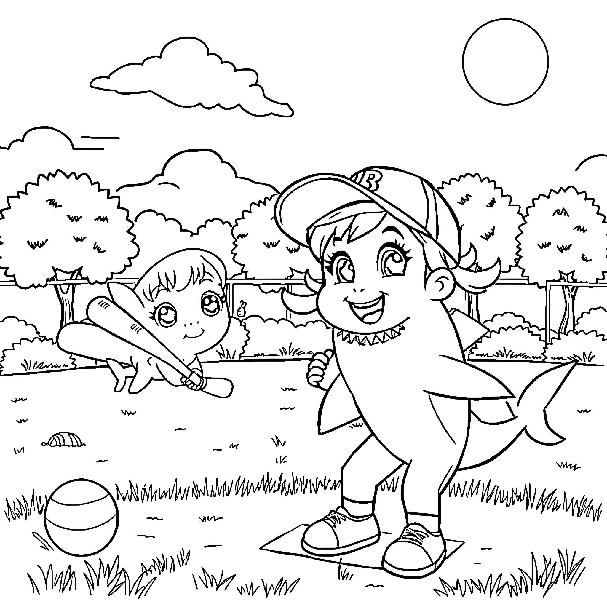 Gabby and her friend play outdoors in the park Coloring Page (free black-and-white line drawing printable PDF for all, from beginners to advanced learners, including children, teens, adults, and seniors)