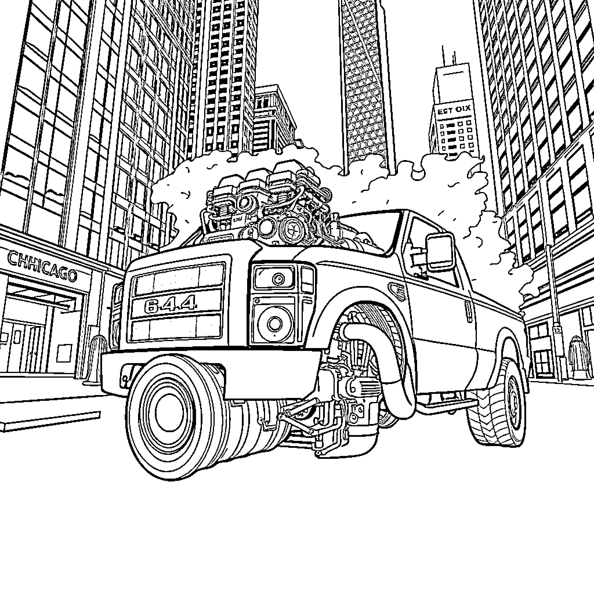 Powerstroke Truck Navigating Through Urban Landscape Coloring Page (free black-and-white line drawing printable PDF for all, from beginners to advanced learners, including children, teens, adults, and seniors)