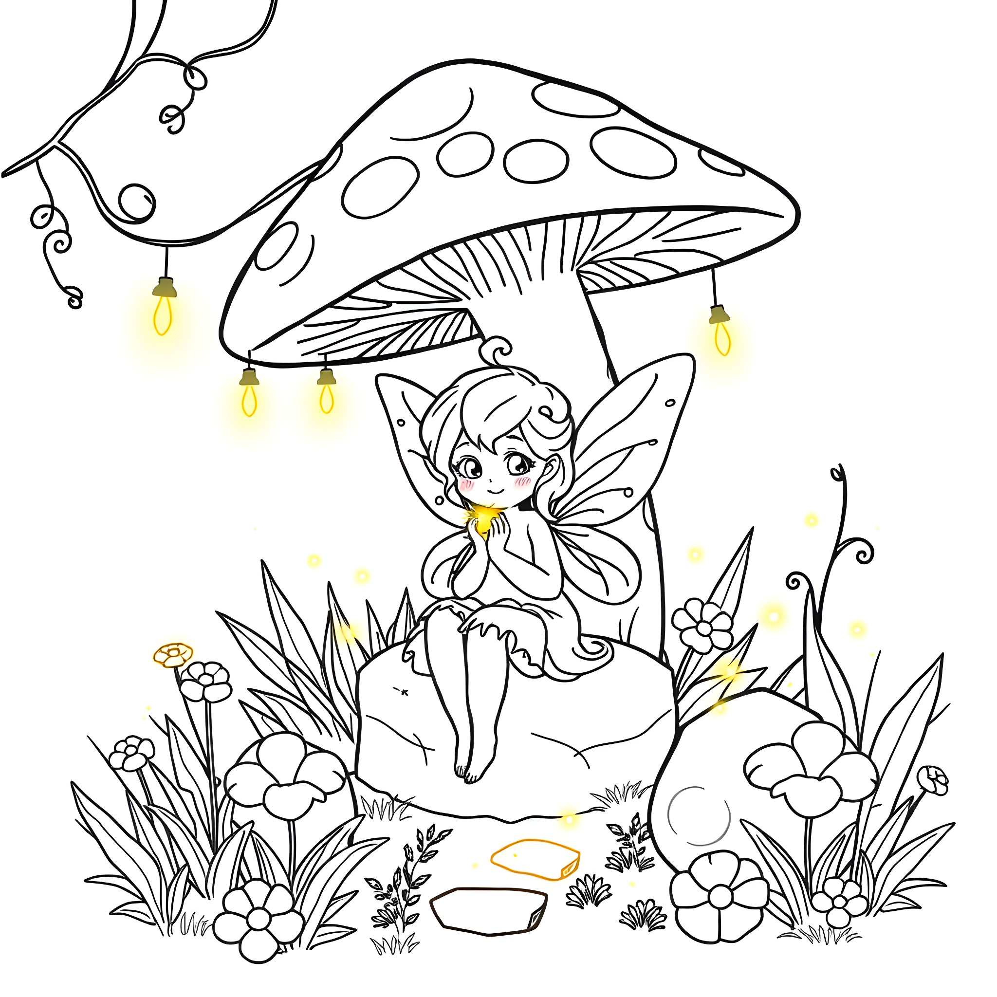 Fairy sitting under a magical mushroom in a whimsical forest Coloring Page (free black-and-white line drawing printable PDF for all, from beginners to advanced learners, including children, teens, adults, and seniors)