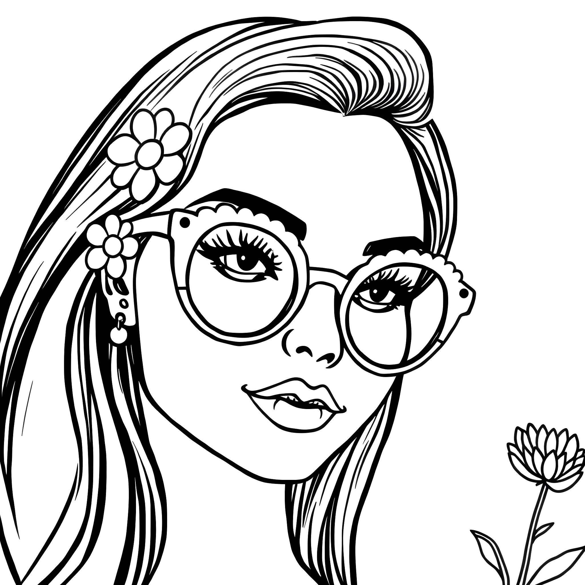 Daisy with flowers and glasses Coloring Page (free black-and-white line drawing printable PDF for all, from beginners to advanced learners, including children, teens, adults, and seniors)