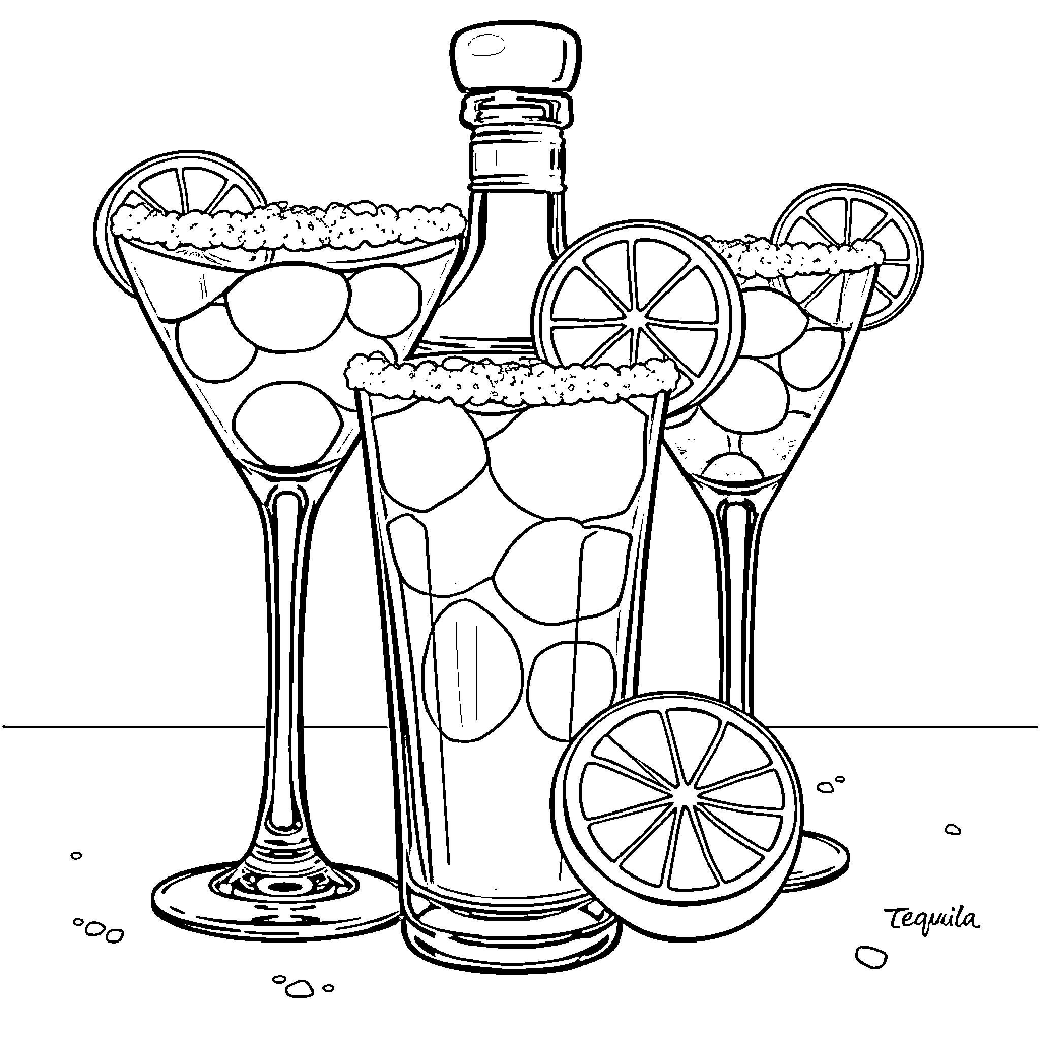 Tequila cocktail glasses and bottle Coloring Page (free black-and-white line drawing printable PDF for all, from beginners to advanced learners, including children, teens, adults, and seniors)