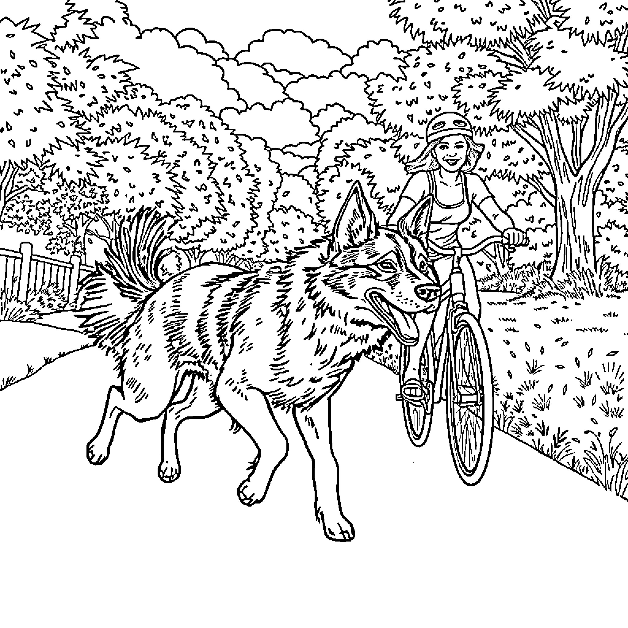 Queensland Heeler Companion Explores Nature on Bicycle Coloring Page (free black-and-white line drawing printable PDF for all, from beginners to advanced learners, including children, teens, adults, and seniors)