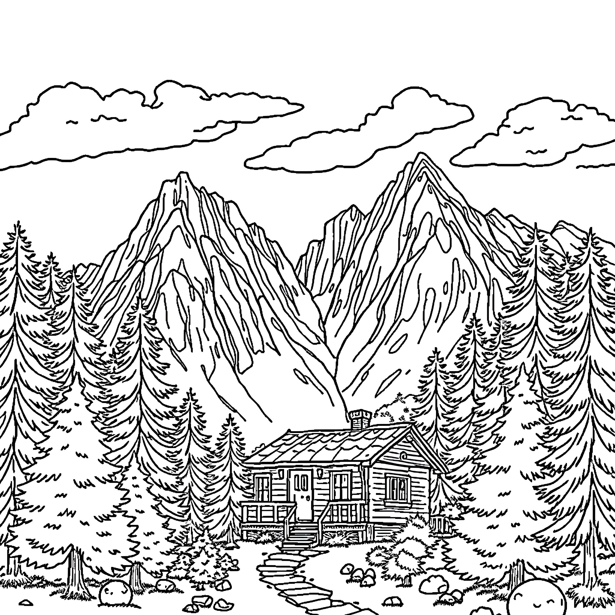 Cabin in the scenic mountain landscape Coloring Page (free black-and-white line drawing printable PDF for all, from beginners to advanced learners, including children, teens, adults, and seniors)