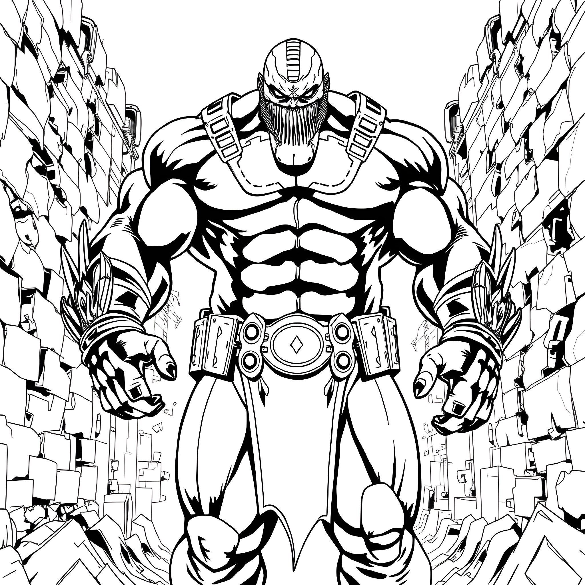 Bane's Powerful Presence Amid Destruction Coloring Page (free black-and-white line drawing printable PDF for all, from beginners to advanced learners, including children, teens, adults, and seniors)