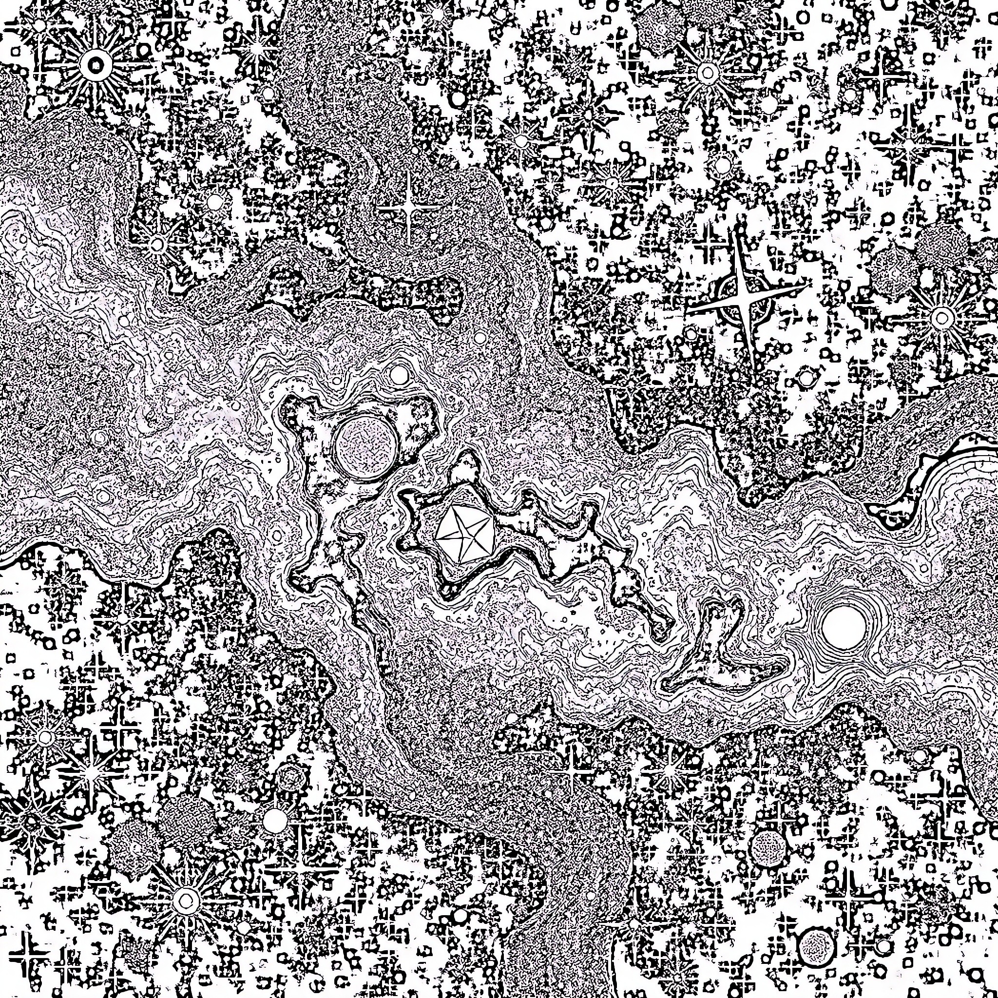 Galaxy of geometric patterns and shapes Coloring Page (free black-and-white line drawing printable PDF for all, from beginners to advanced learners, including children, teens, adults, and seniors)
