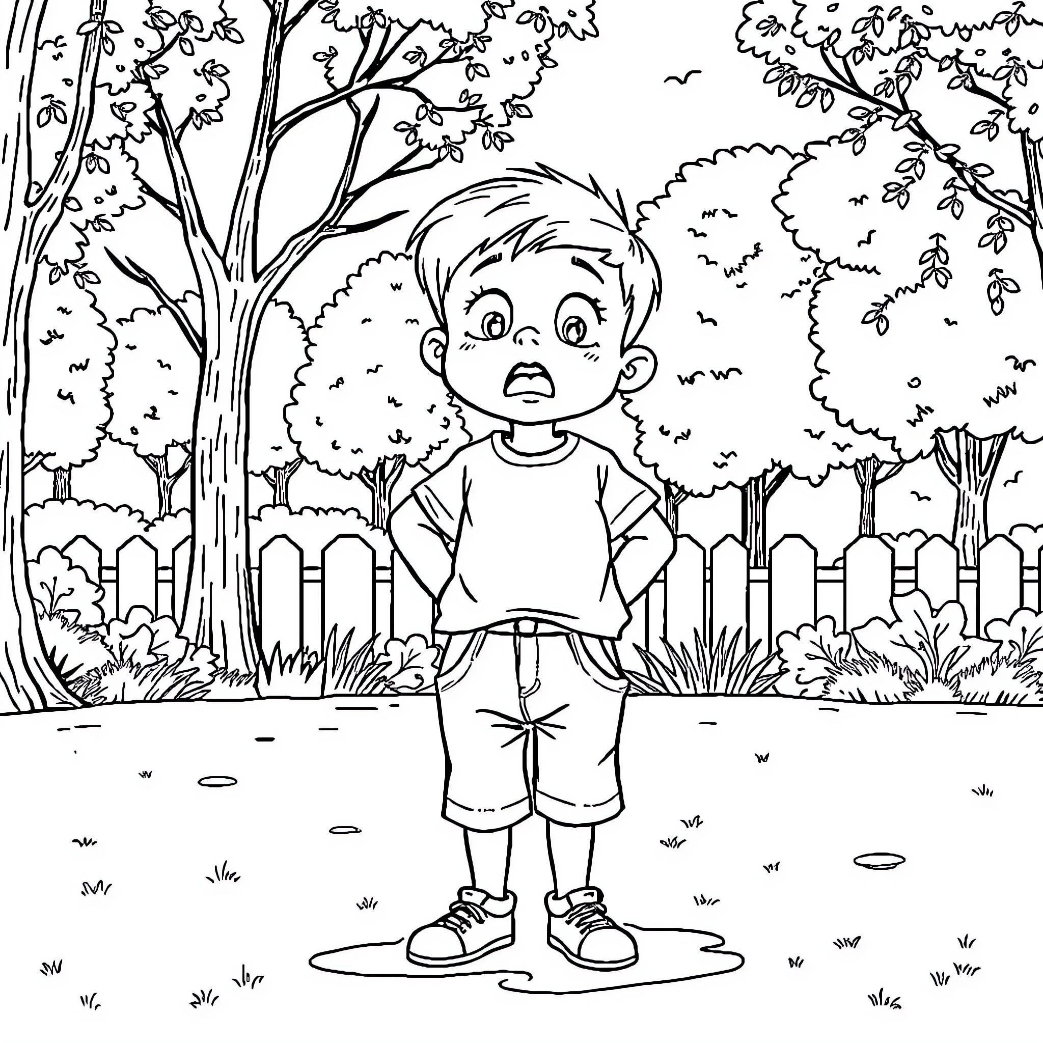 Boy exploring the peaceful forest Coloring Page (free black-and-white line drawing printable PDF for all, from beginners to advanced learners, including children, teens, adults, and seniors)