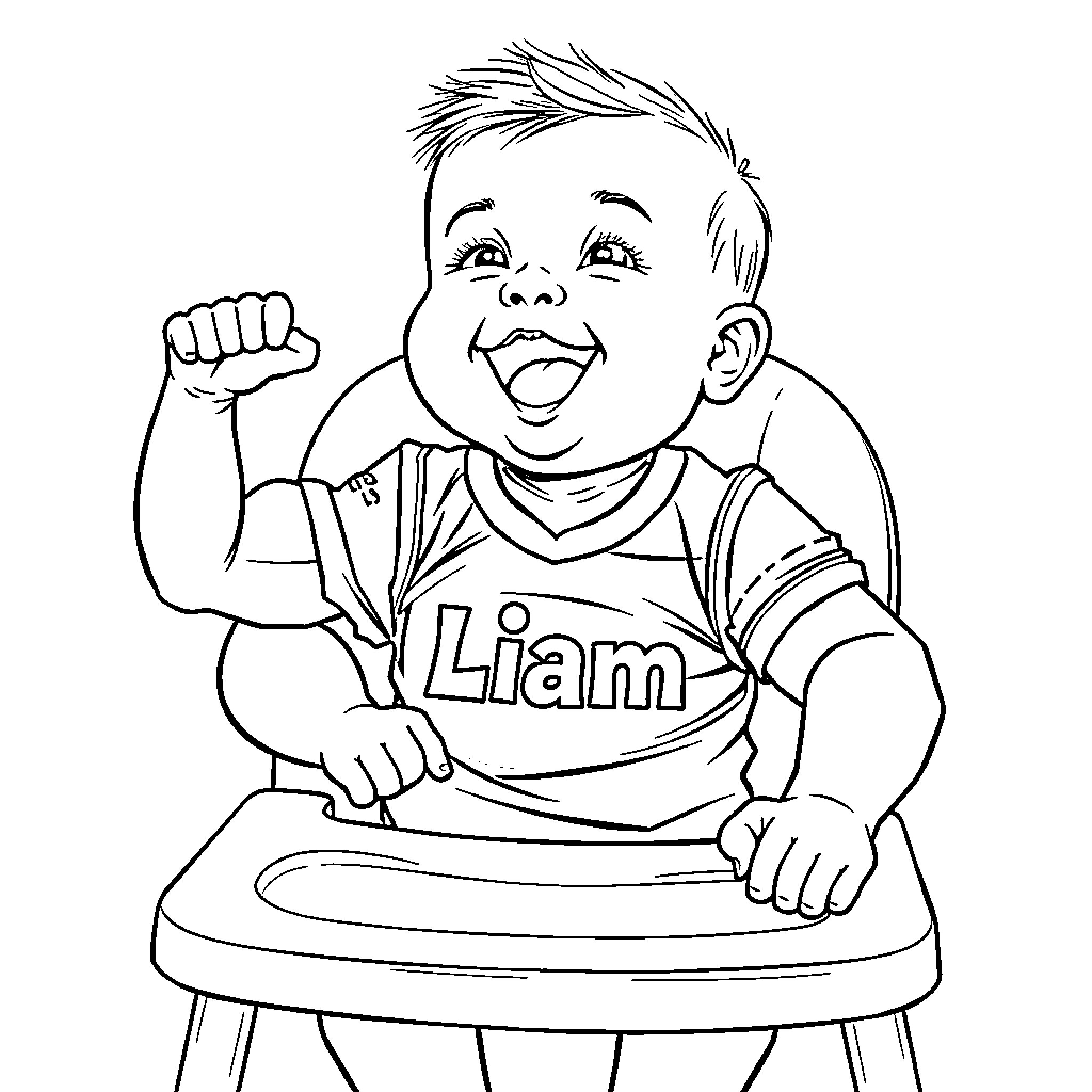 Baby boy cheering happily with fist raised Coloring Page (free black-and-white line drawing printable PDF for all, from beginners to advanced learners, including children, teens, adults, and seniors)