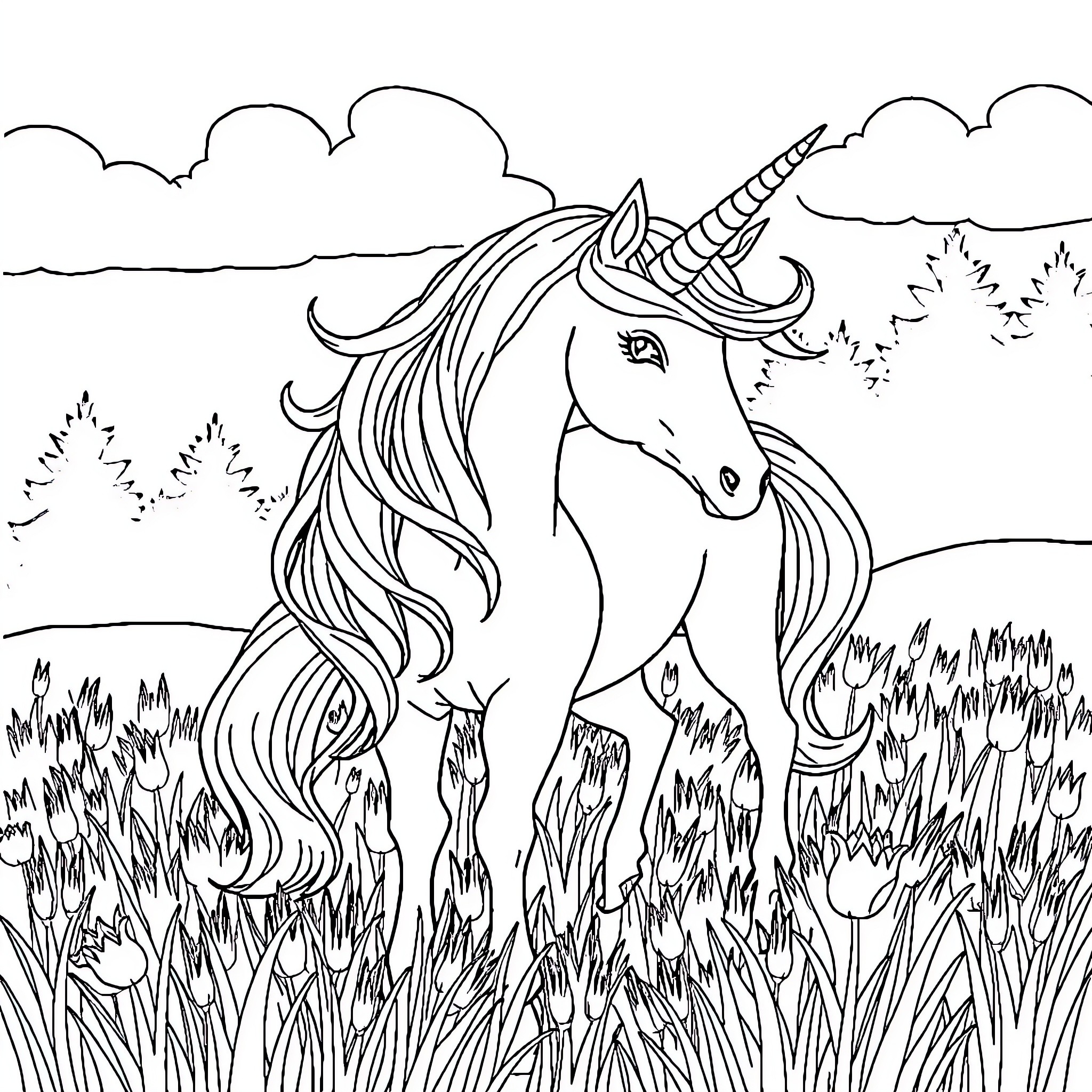 Unicorn standing proudly in a meadow Coloring Page (free black-and-white line drawing printable PDF for all, from beginners to advanced learners, including children, teens, adults, and seniors)