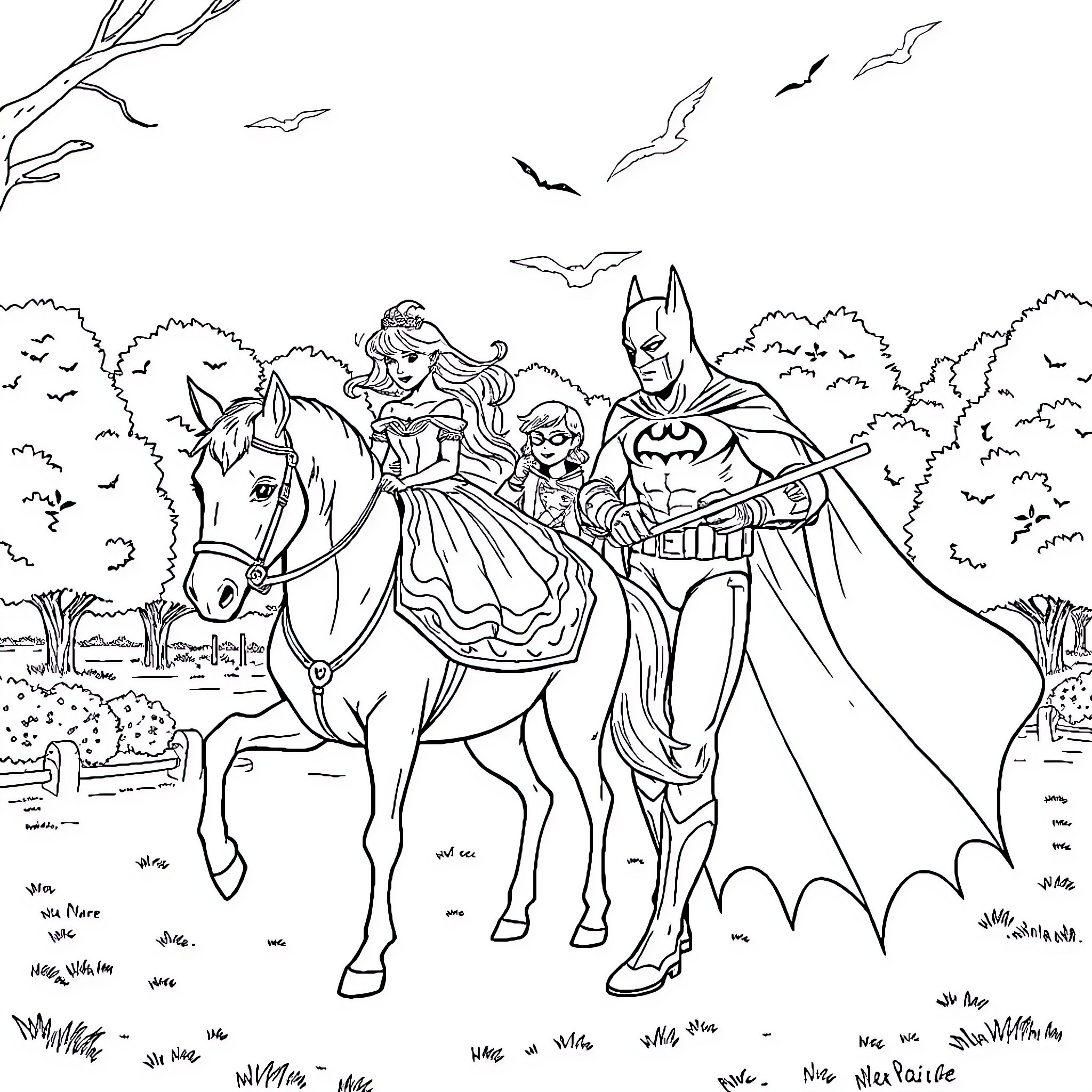 Princess and Superheroes Embark on an Adventure Coloring Page (free black-and-white line drawing printable PDF for all, from beginners to advanced learners, including children, teens, adults, and seniors)