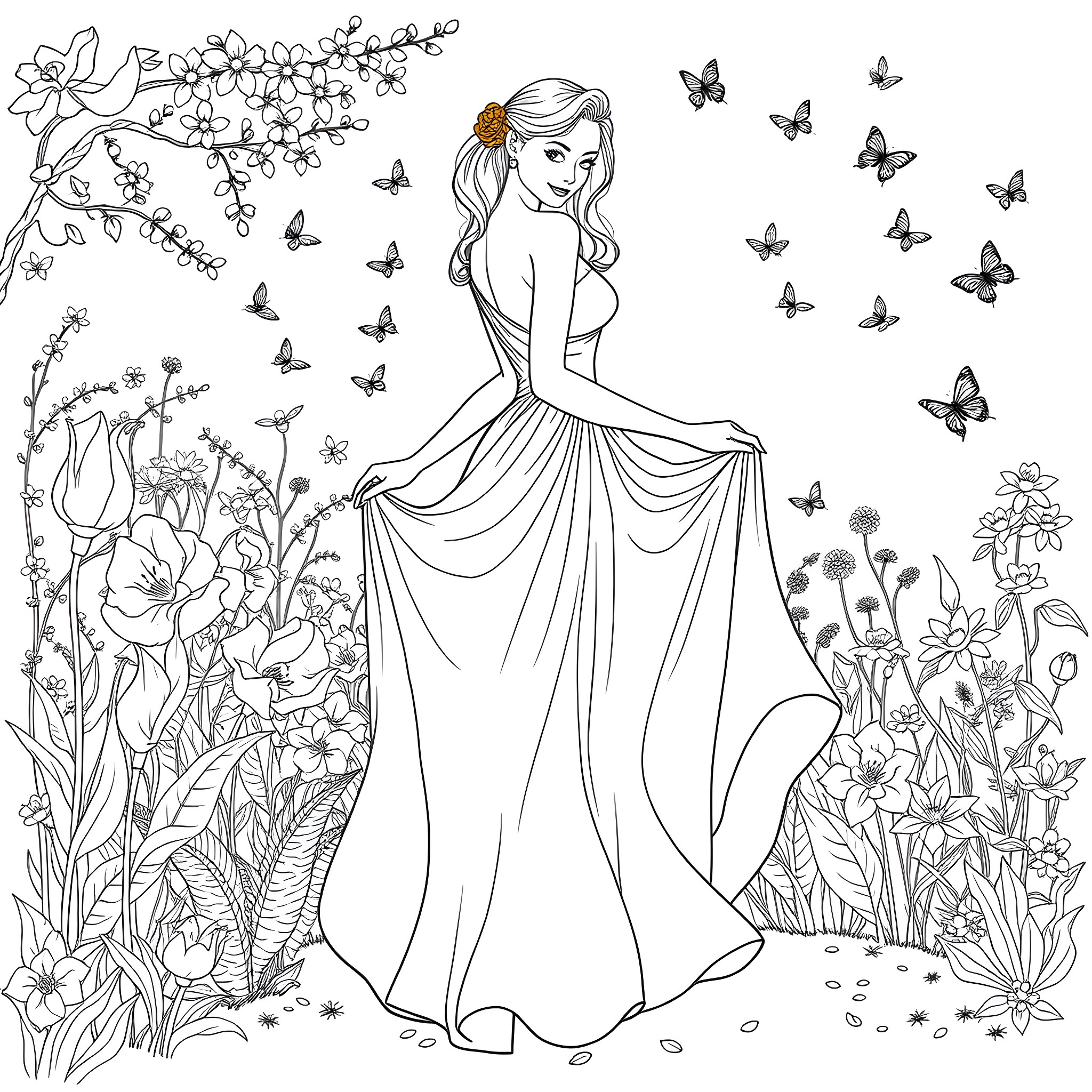 Woman in flowing dress surrounded by floral scene Coloring Page (free black-and-white line drawing printable PDF for all, from beginners to advanced learners, including children, teens, adults, and seniors)