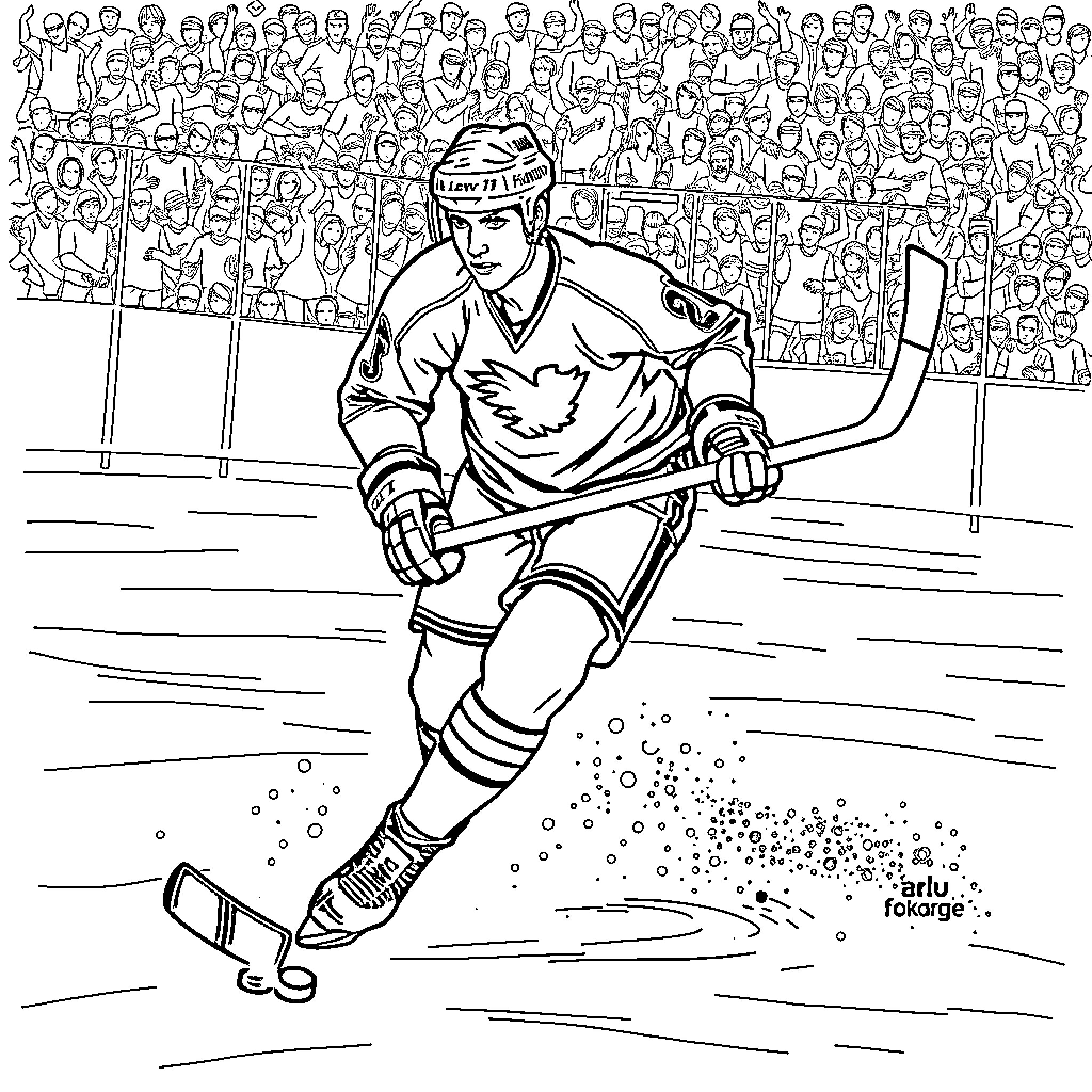 Wayne Gretzky hockey player in action on the ice Coloring Page (free black-and-white line drawing printable PDF for all, from beginners to advanced learners, including children, teens, adults, and seniors)