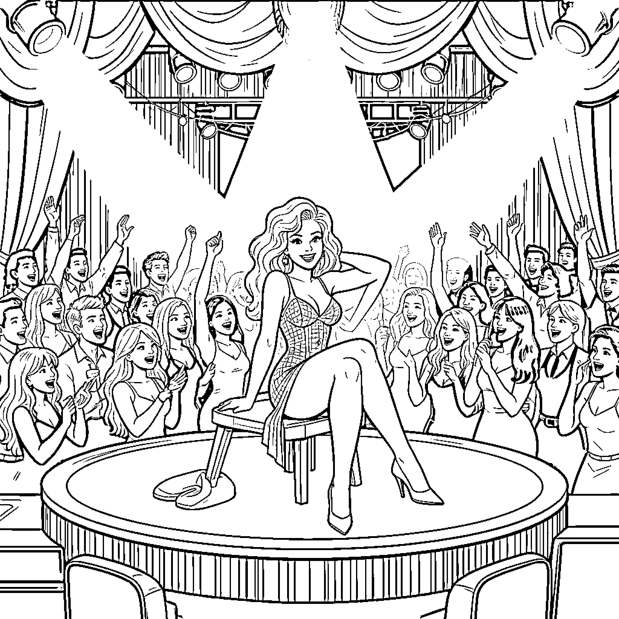 Pin-Up performer posing on stage before an audience Coloring Page (free black-and-white line drawing printable PDF for all, from beginners to advanced learners, including children, teens, adults, and seniors)