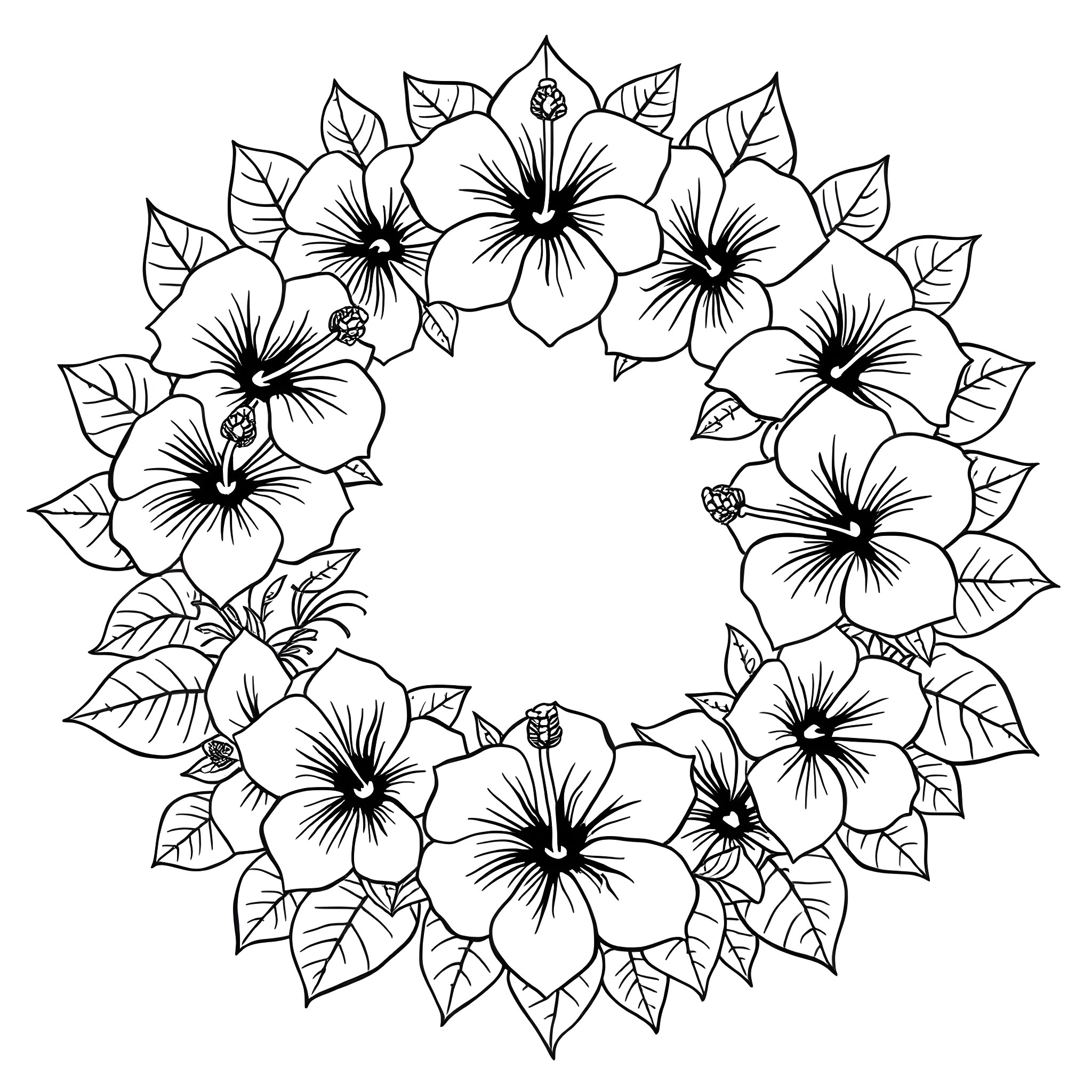 Hibiscus flowers in a circular wreath Coloring Page (free black-and-white line drawing printable PDF for all, from beginners to advanced learners, including children, teens, adults, and seniors)