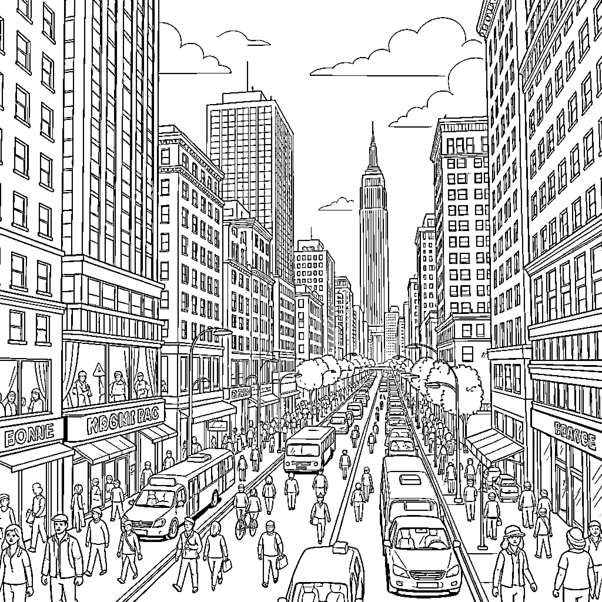 City bustling with diverse crowd on busy streets Coloring Page (free black-and-white line drawing printable PDF for all, from beginners to advanced learners, including children, teens, adults, and seniors)