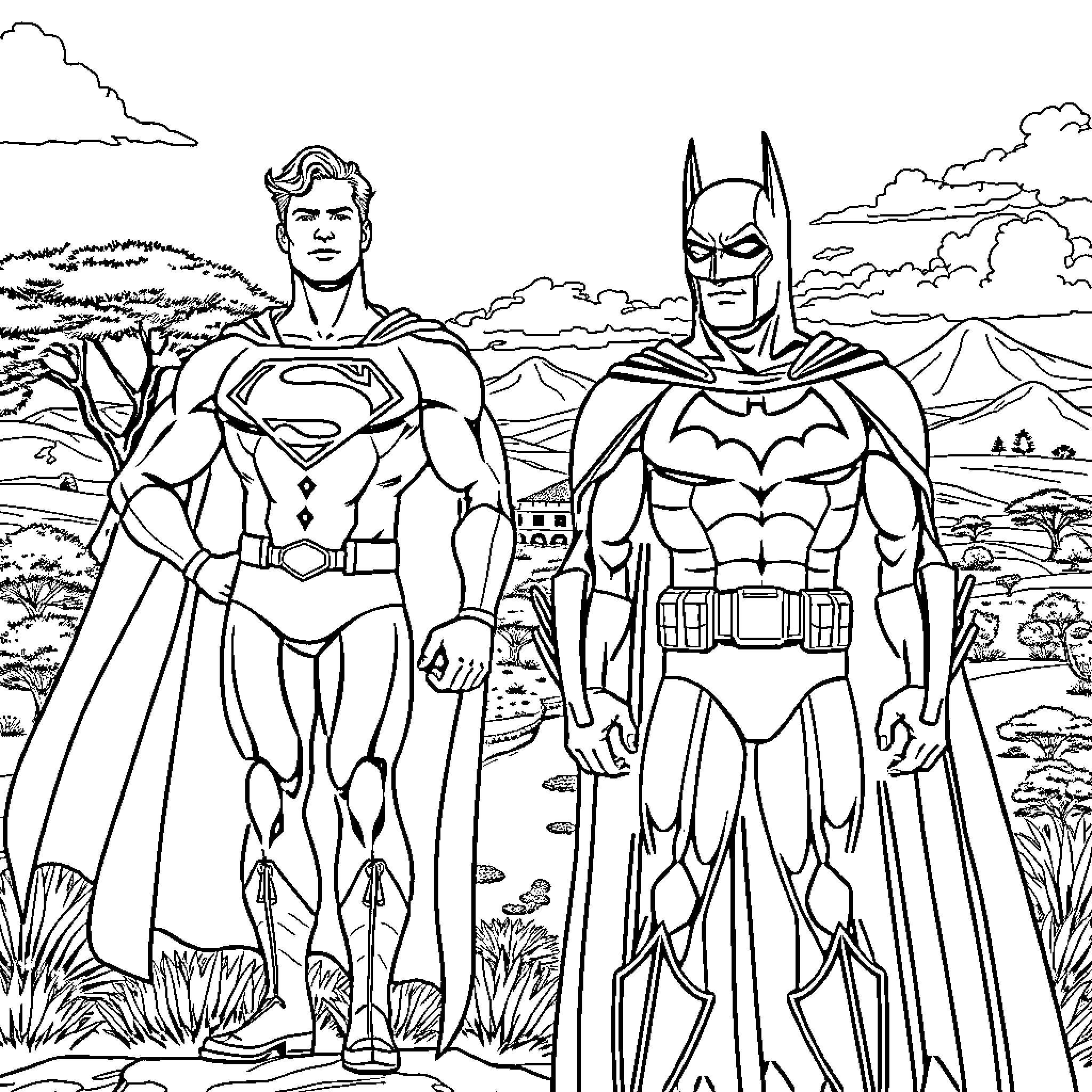 Superman and Batman stand united in heroic pose Coloring Page (free black-and-white line drawing printable PDF for all, from beginners to advanced learners, including children, teens, adults, and seniors)