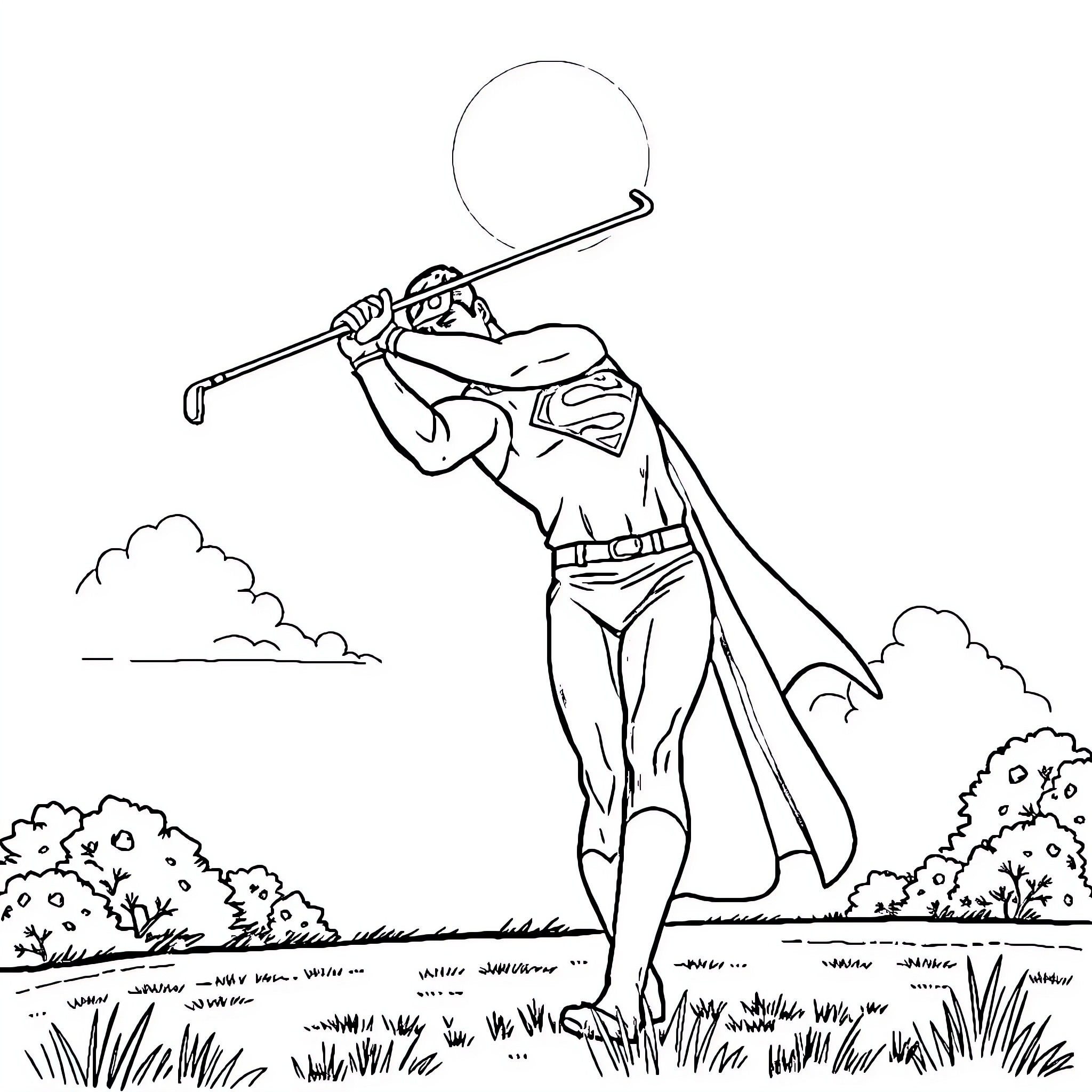 Superman golfing in the countryside Coloring Page (free black-and-white line drawing printable PDF for all, from beginners to advanced learners, including children, teens, adults, and seniors)