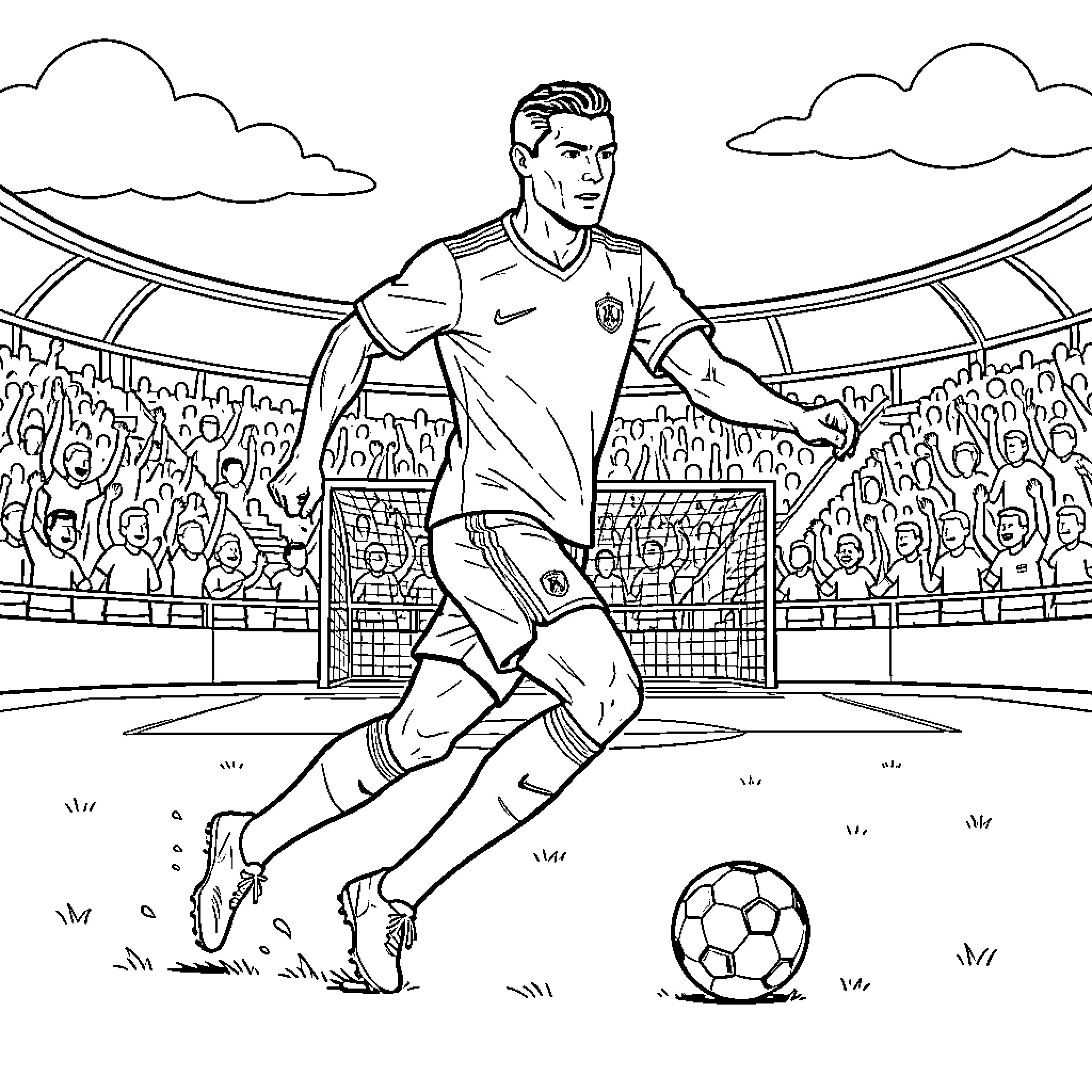 Ronaldo dribbling a soccer ball in a crowded stadium Coloring Page (free black-and-white line drawing printable PDF for all, from beginners to advanced learners, including children, teens, adults, and seniors)