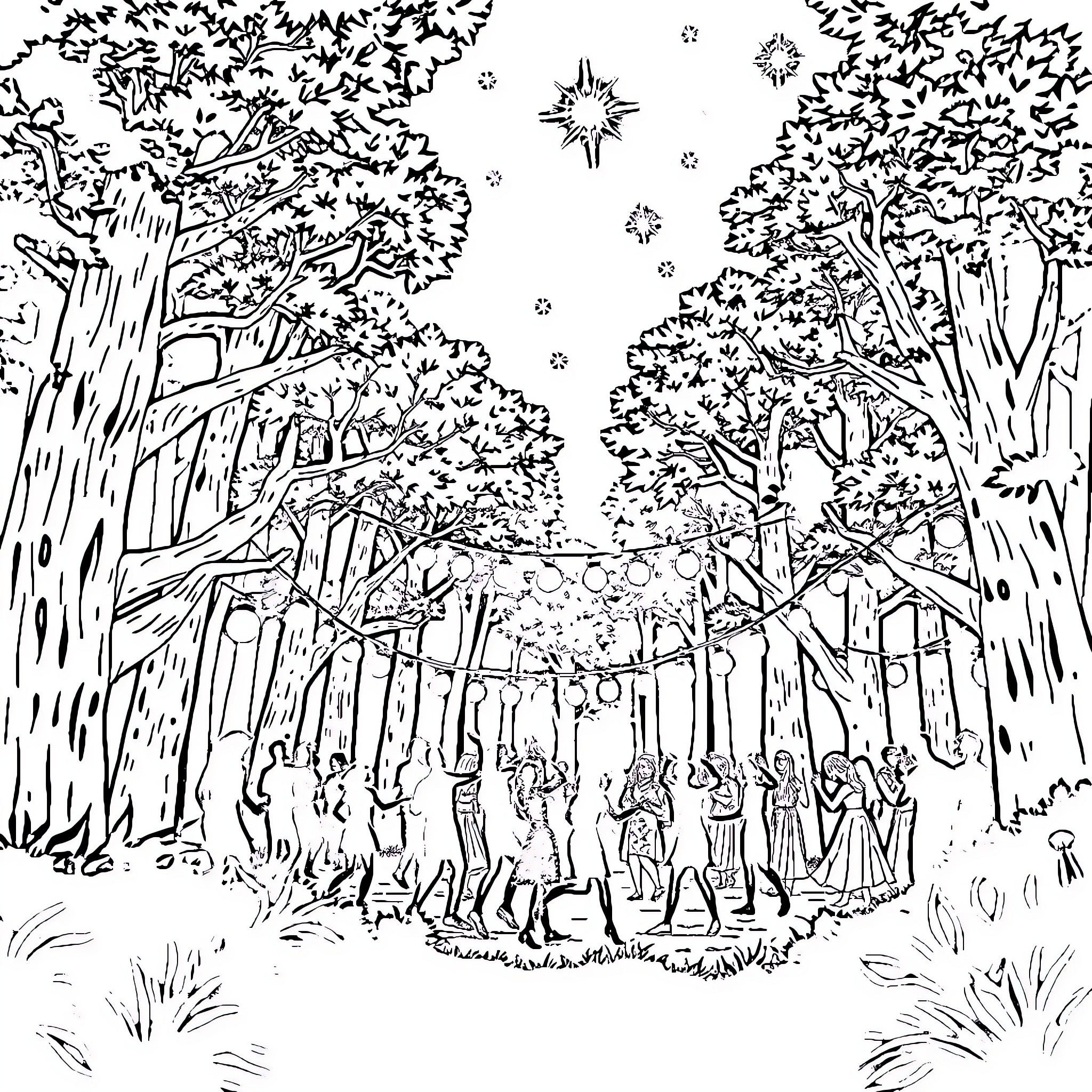 Freeparty in the enchanted forest Coloring Page (free black-and-white line drawing printable PDF for all, from beginners to advanced learners, including children, teens, adults, and seniors)